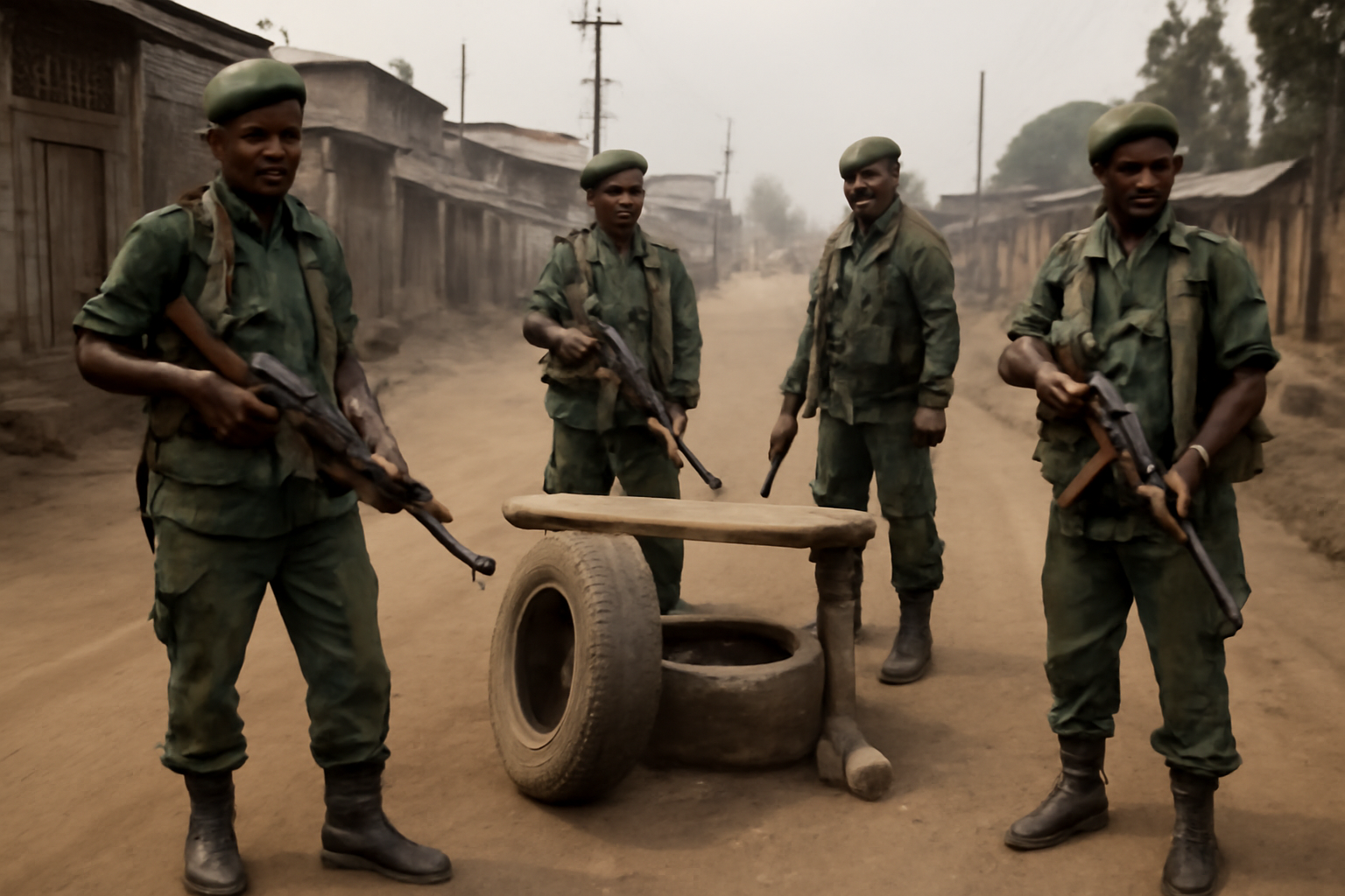 M23 fighters standing guard on a street in Goma, eastern Congo