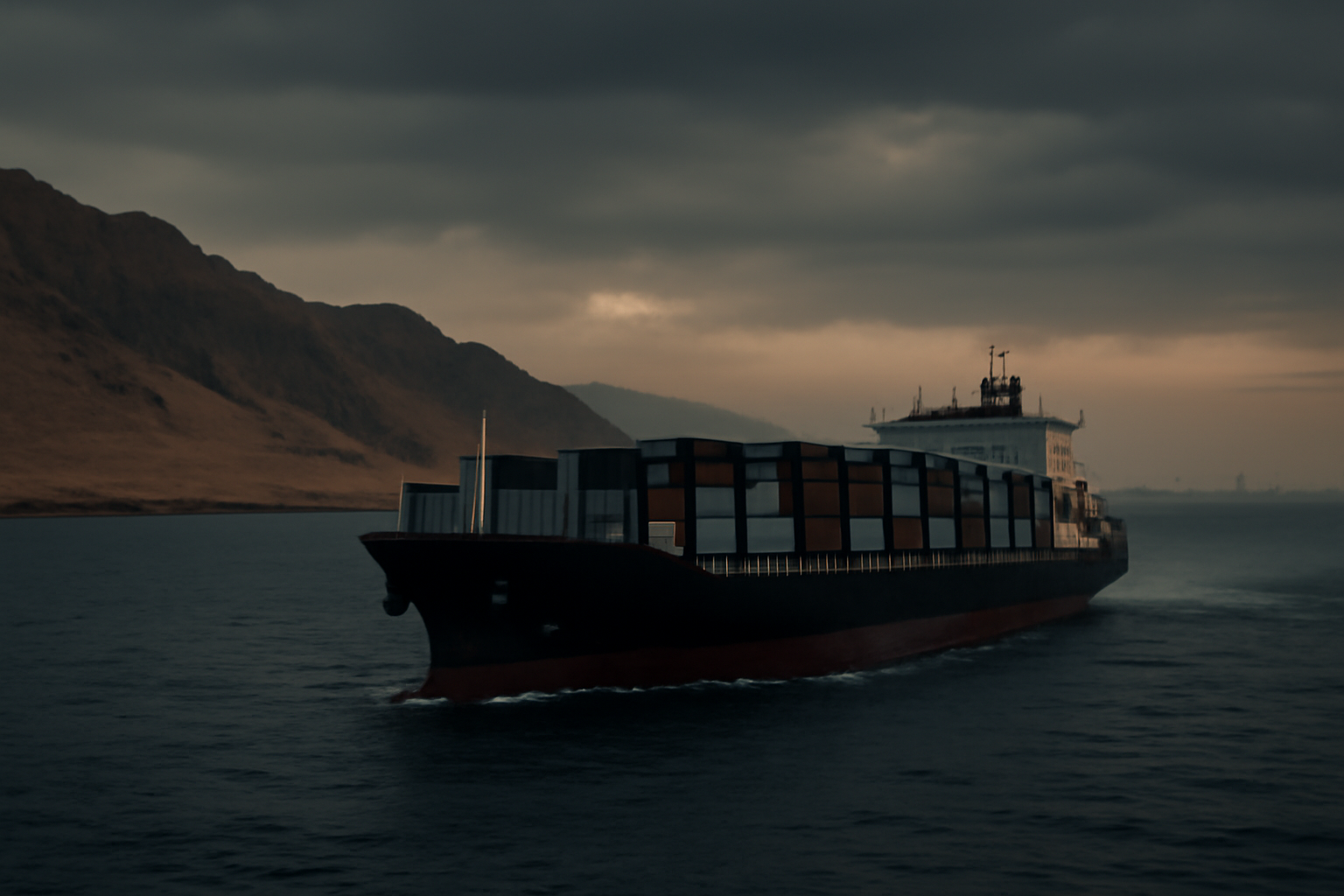 Cargo ship transiting open water near the Yemeni coastline under an overcast sky