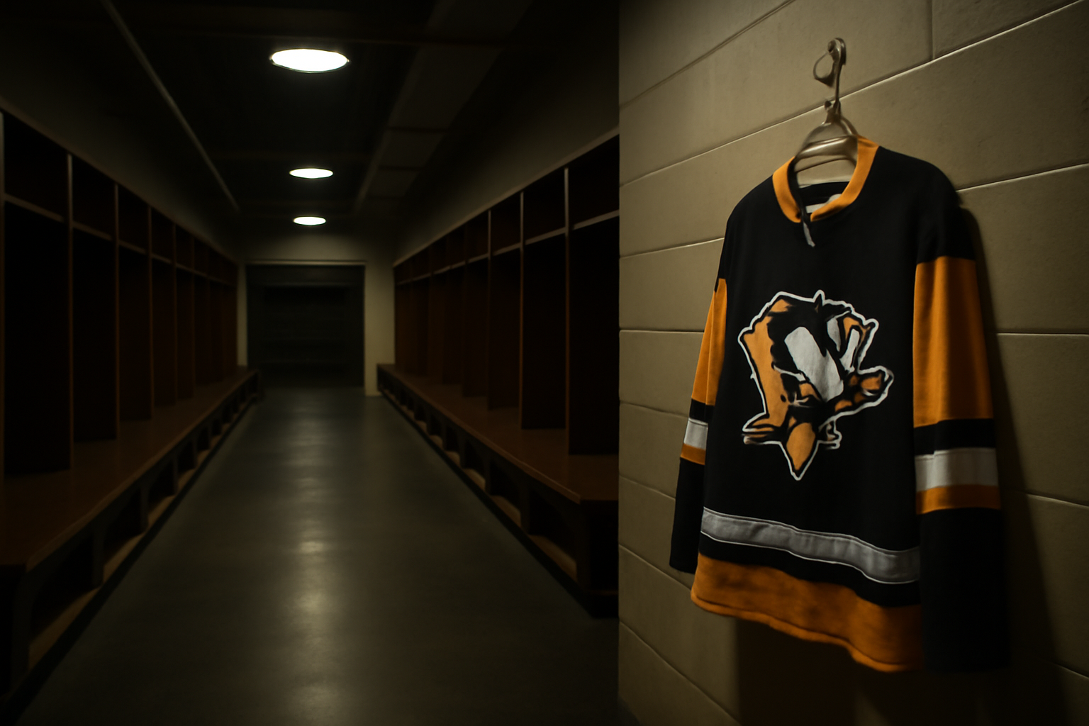 Pittsburgh Penguins jersey and hockey stick resting in a quiet locker room hallway