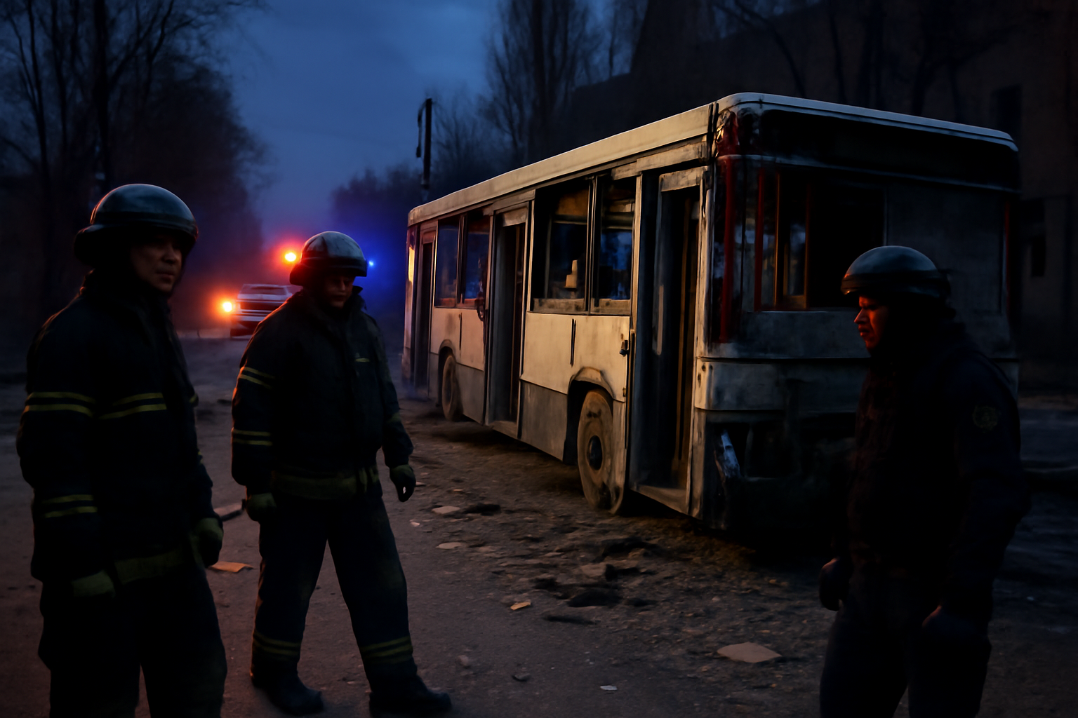 Emergency workers respond at the site of a damaged public bus in eastern Ukraine at dusk