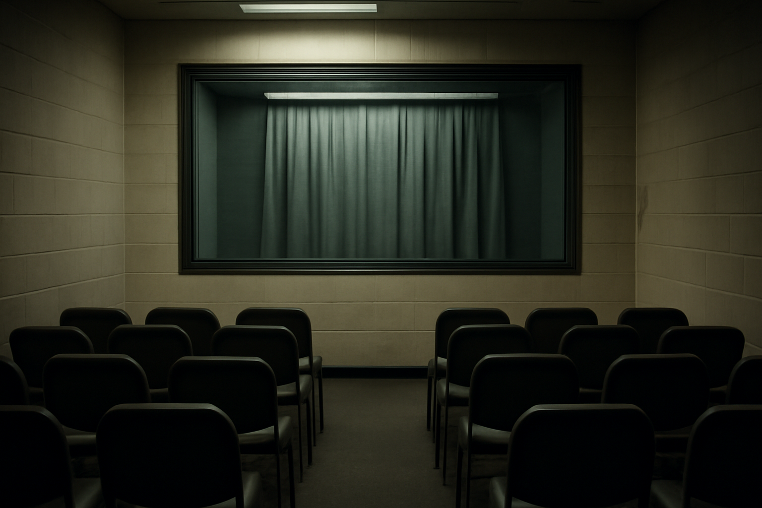 Empty execution chamber viewing window with chairs facing a closed curtain