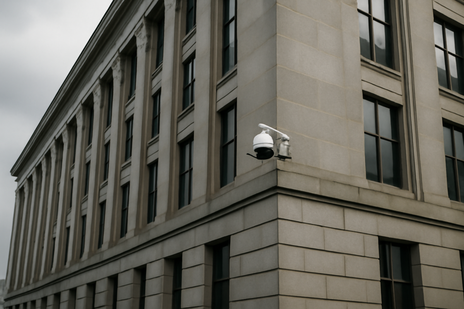 Exterior of the FBI headquarters building with a security camera in the foreground against a cloudy sky