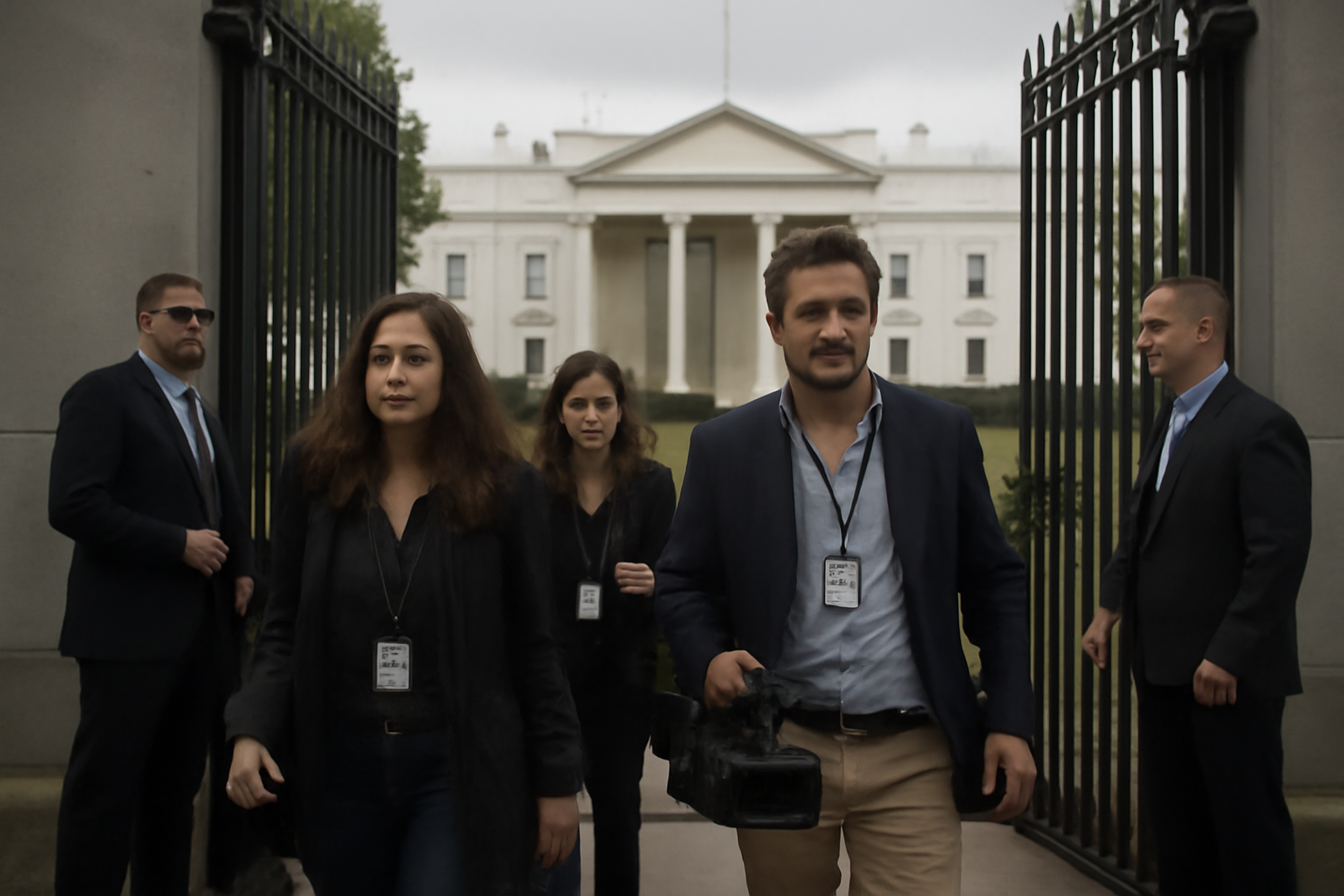 Reporters with press badges walking through White House gates past security