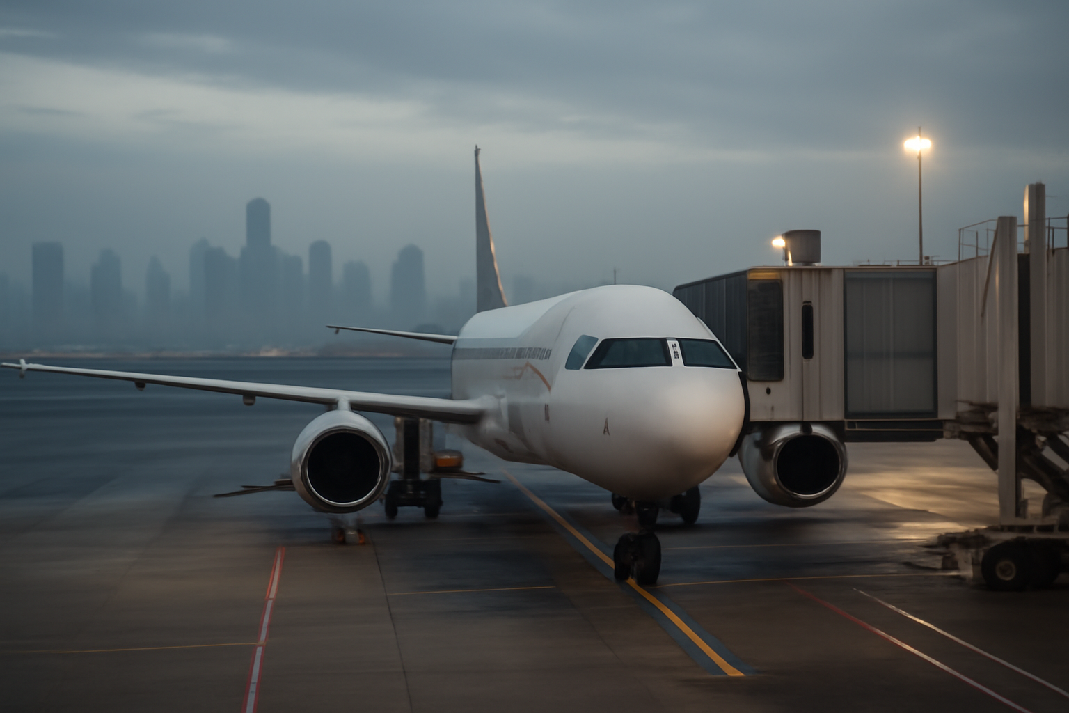 Commercial airliner on an airport tarmac at dusk with Panama City's skyline visible in the distance