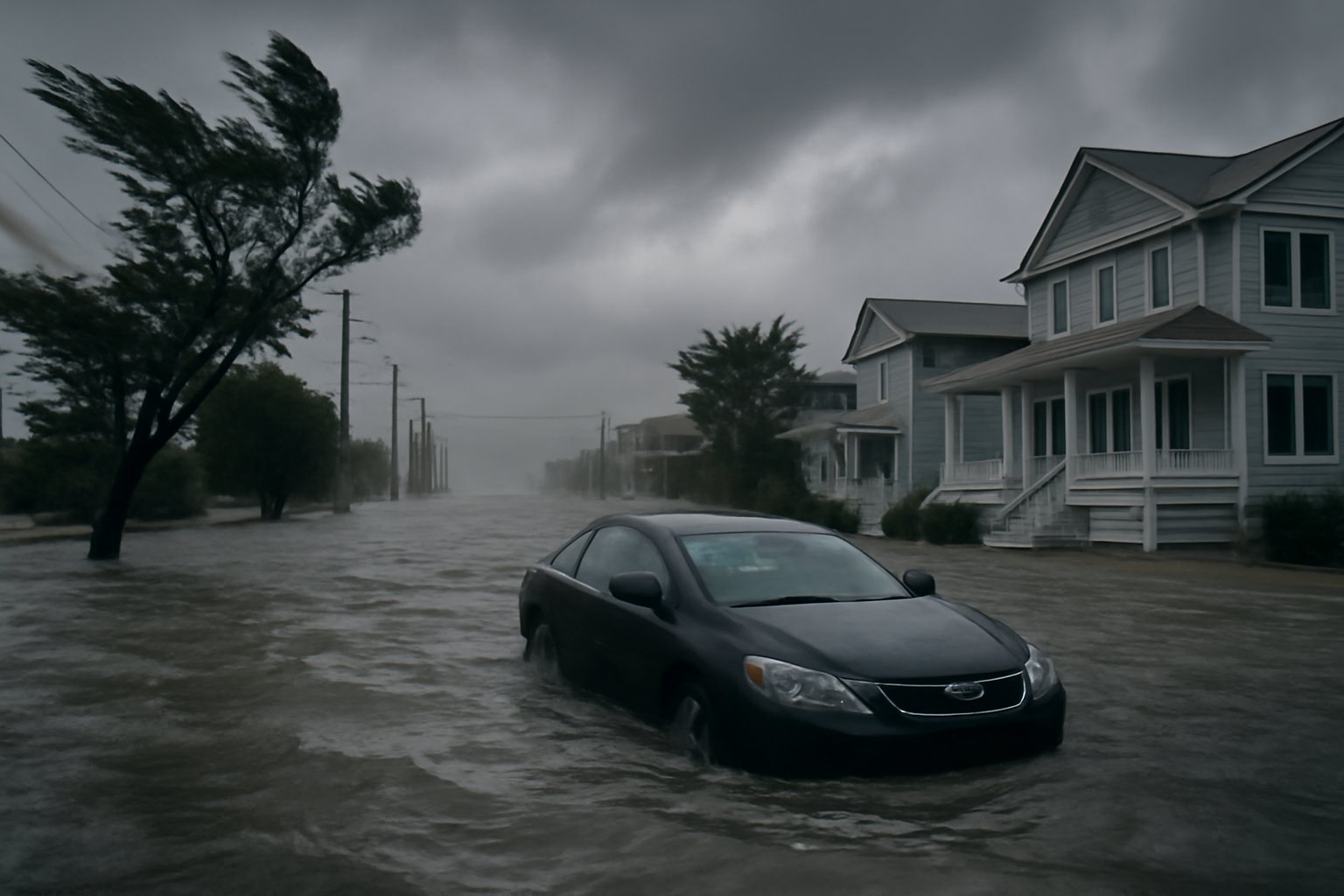 Flooded coastal street with a partially submerged car during a nor'easter storm surge