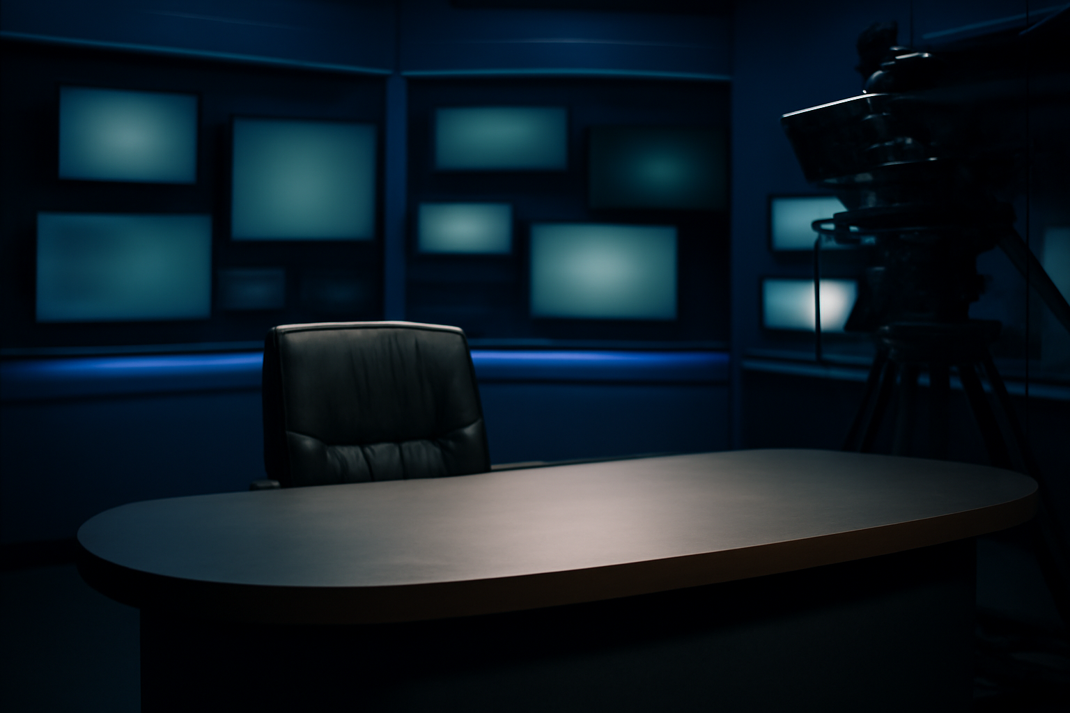 Empty television news anchor desk in a darkened studio with illuminated monitors in the background