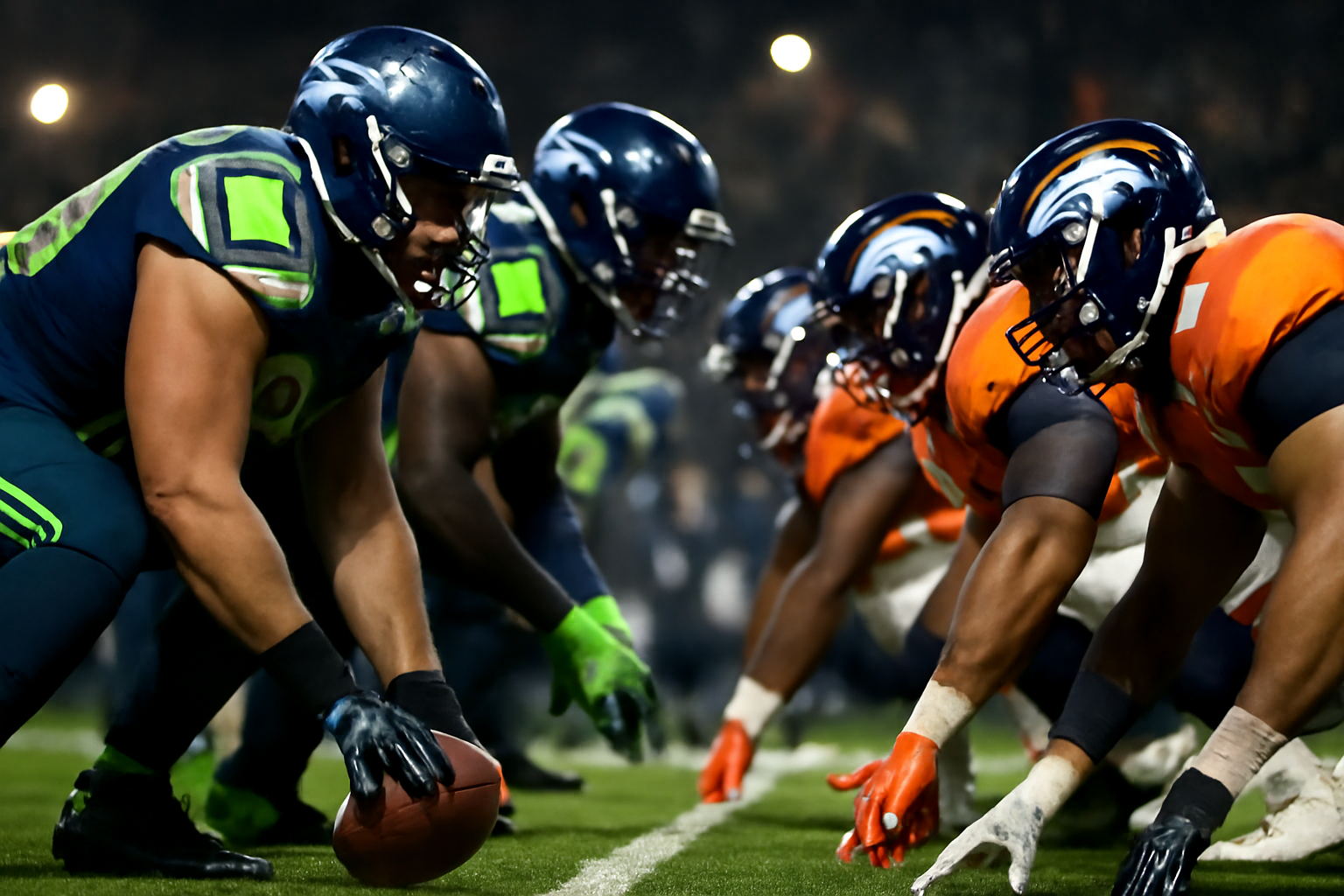 Football players in Seahawks and Broncos uniforms lined up at the line of scrimmage under stadium lights