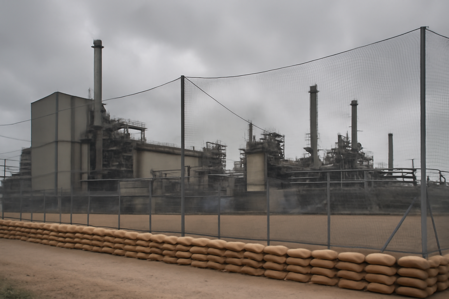 Industrial plant perimeter fence reinforced with metal netting under an overcast sky