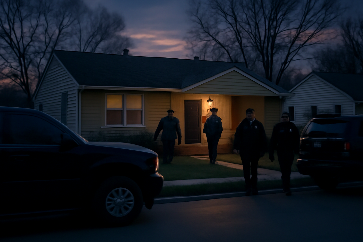 Exterior of a suburban Minnesota home with government vehicles parked outside during a daytime search