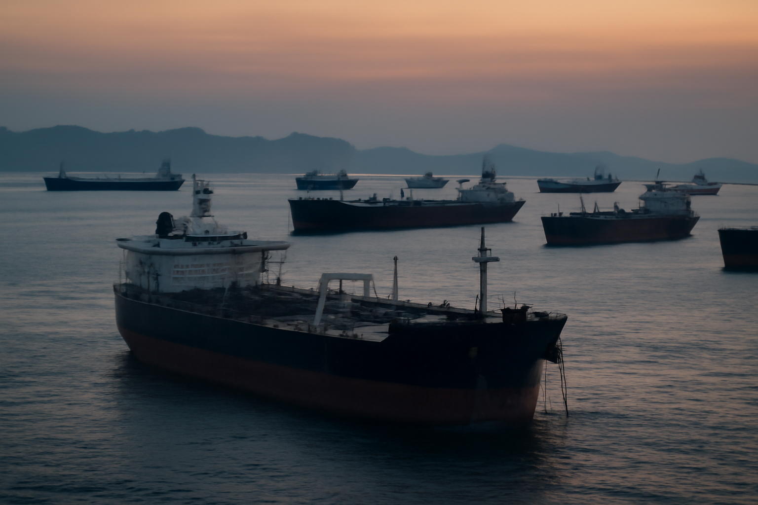 Oil tankers queued near a Middle East strait with a hazy skyline in the background