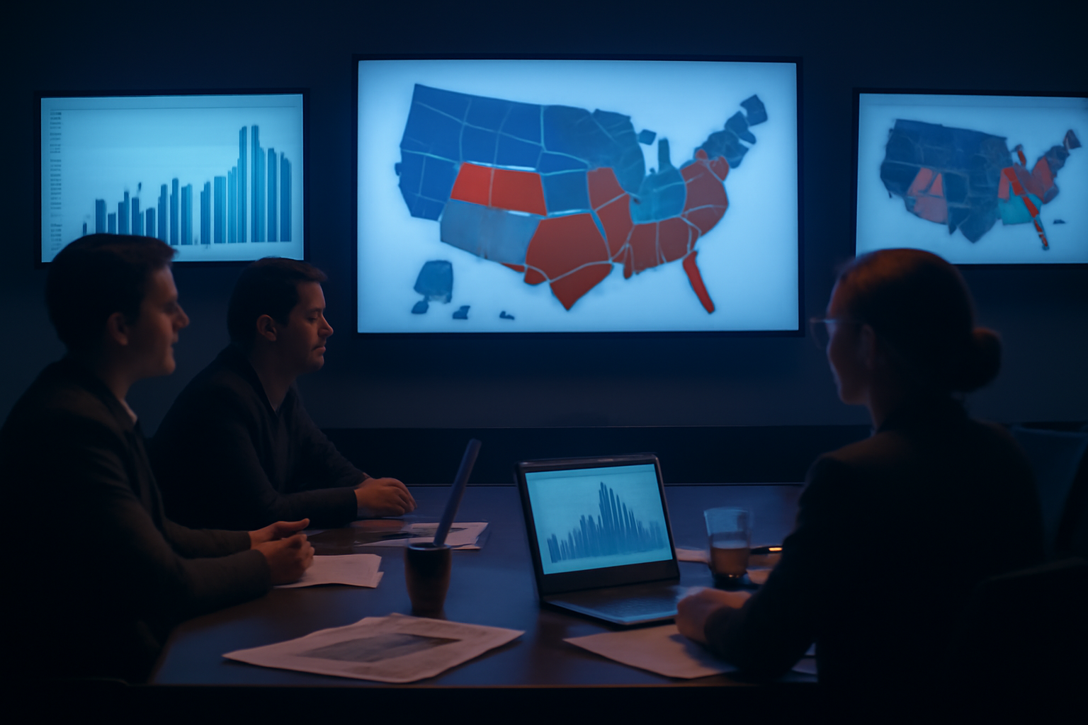 Television studio control room screens showing North Carolina Senate campaign ad spending data