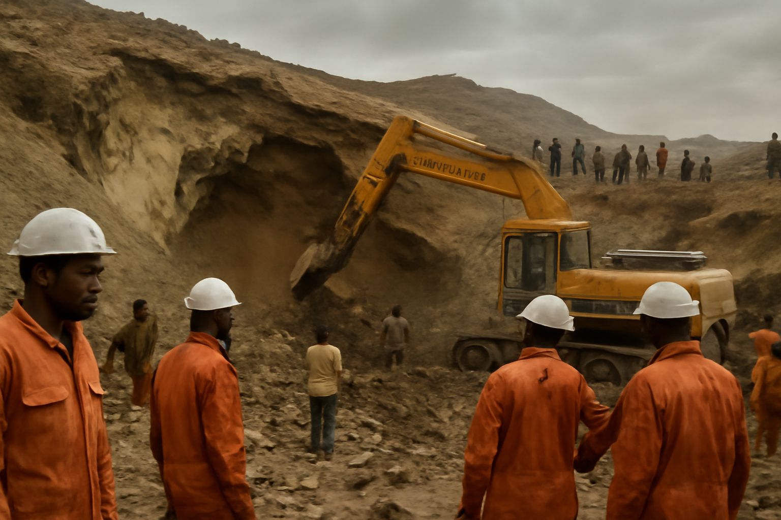Collapsed gold mine in Sudan with rescue workers on site