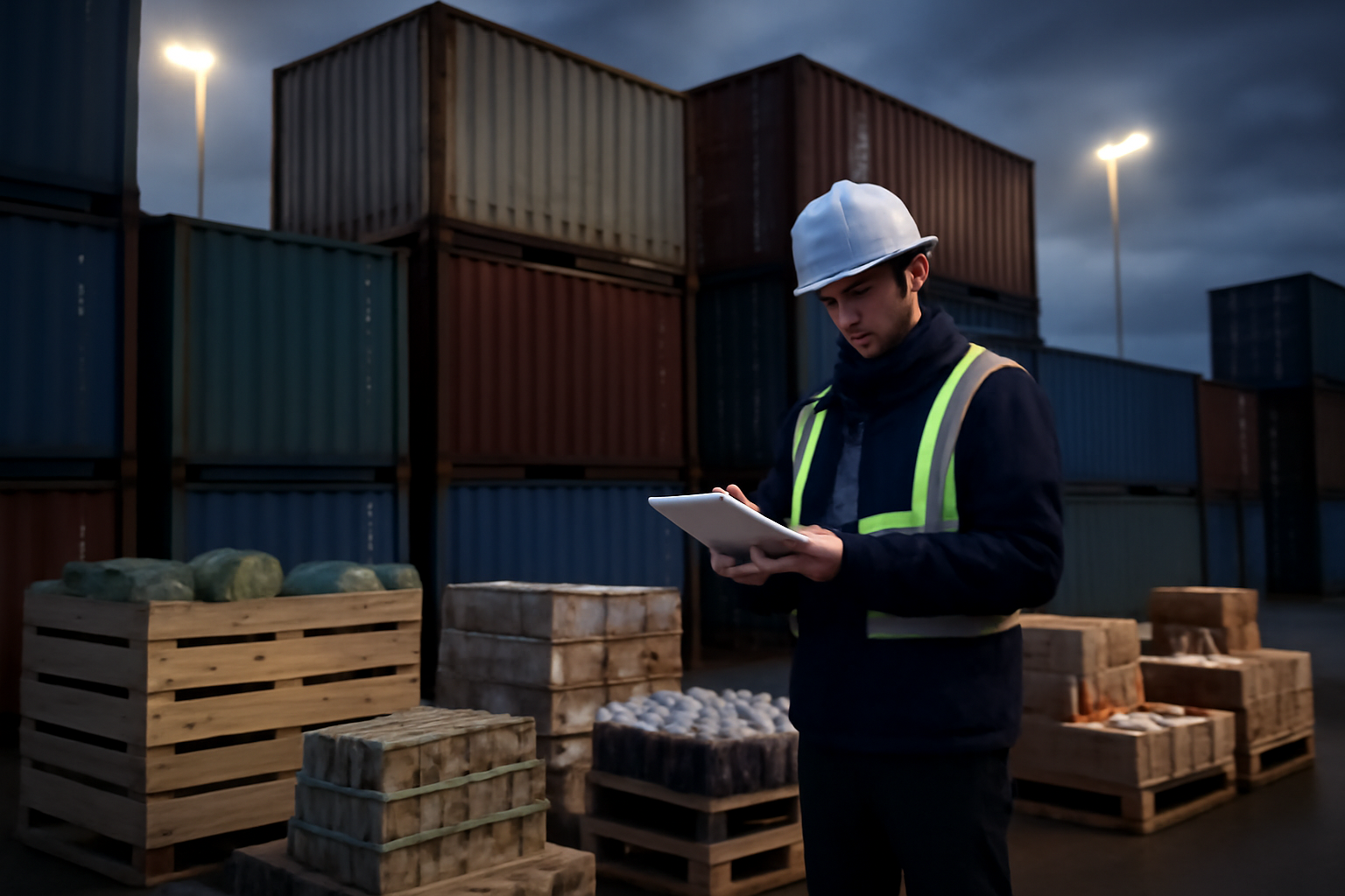 Shipping containers and food packaging crates at a UK port loading dock