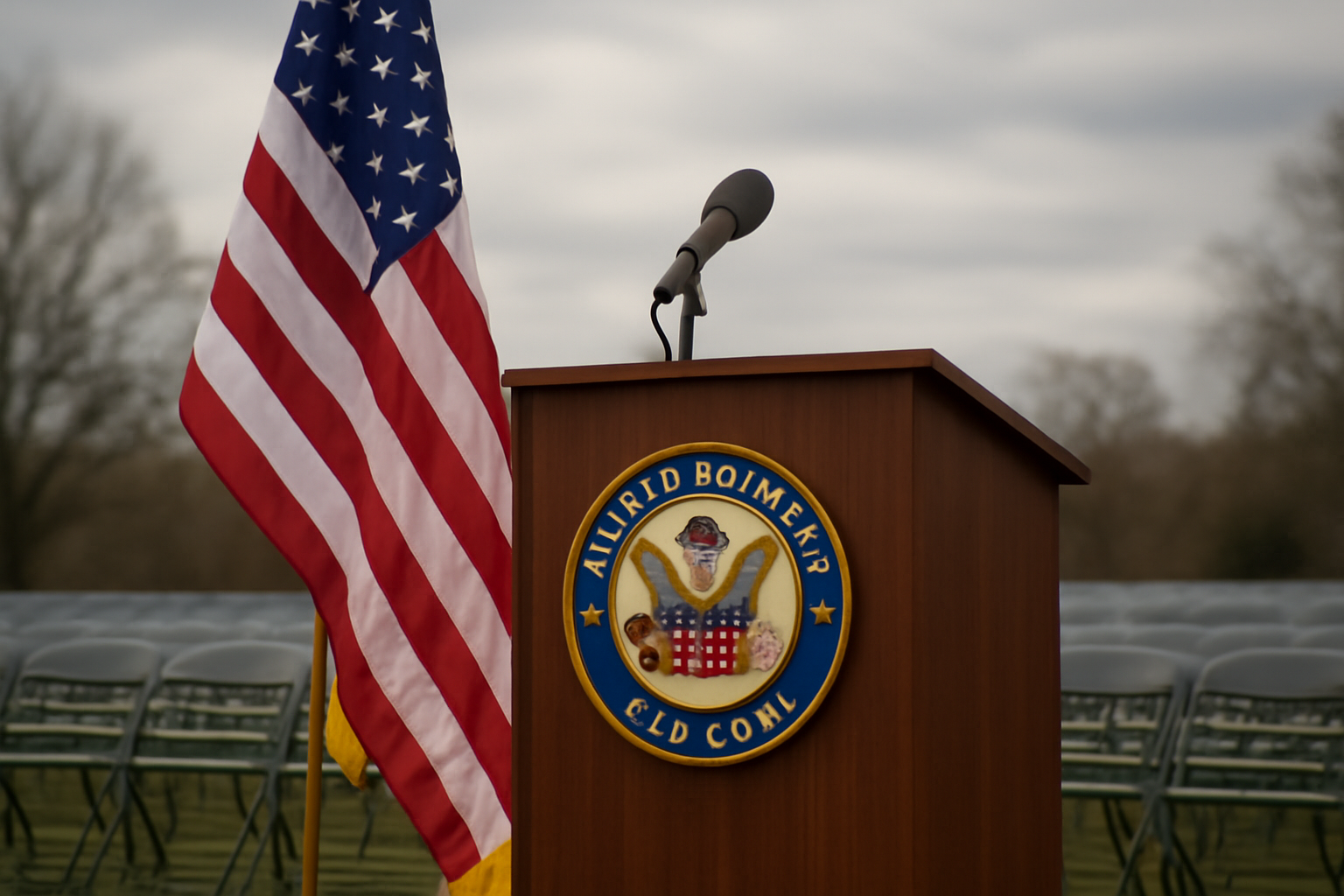 A campaign podium with a U.S. Senate seal beside an American flag under overcast light