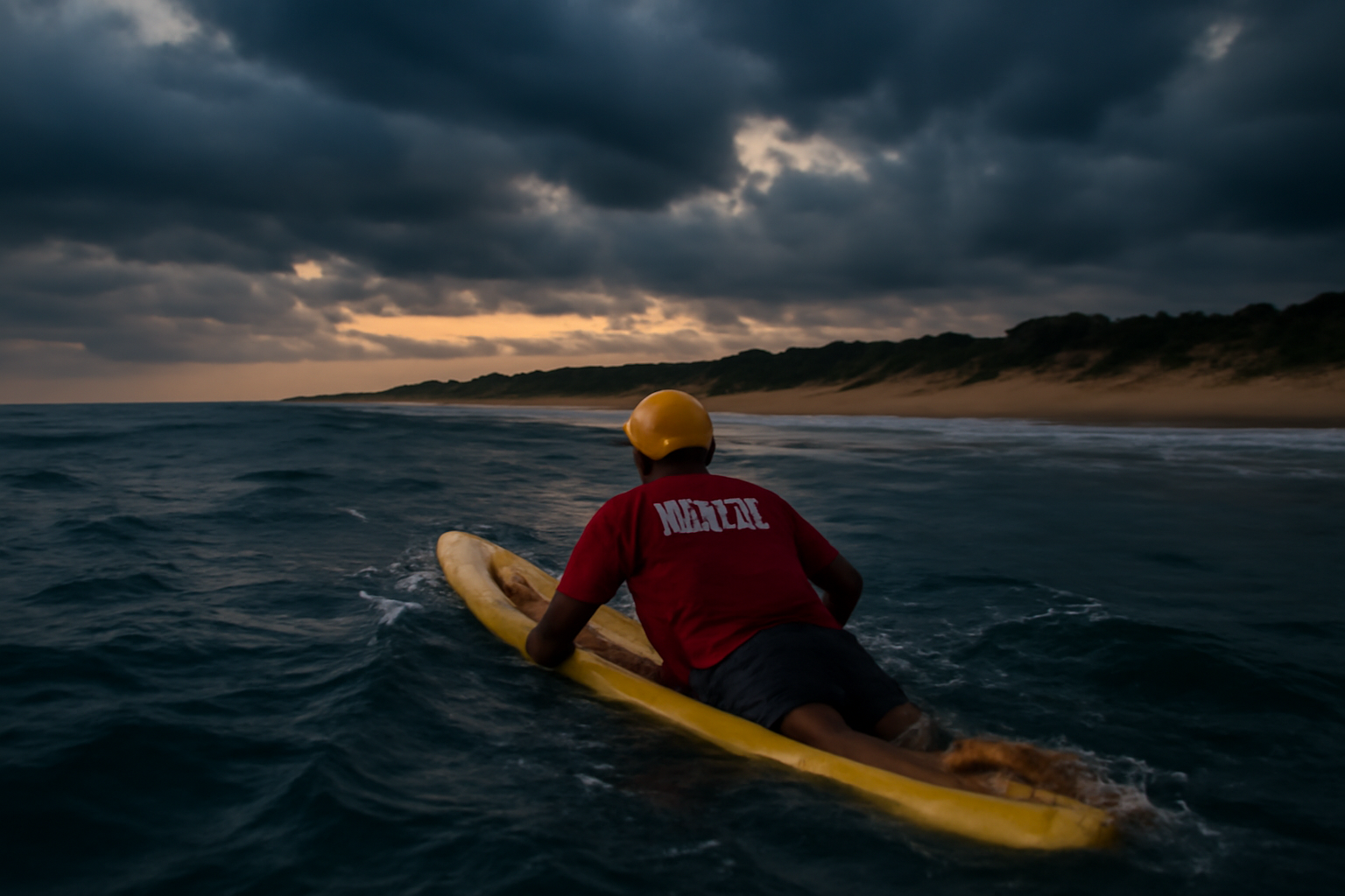 Rescuer paddling a surfboard toward shore through choppy coastal water at dusk