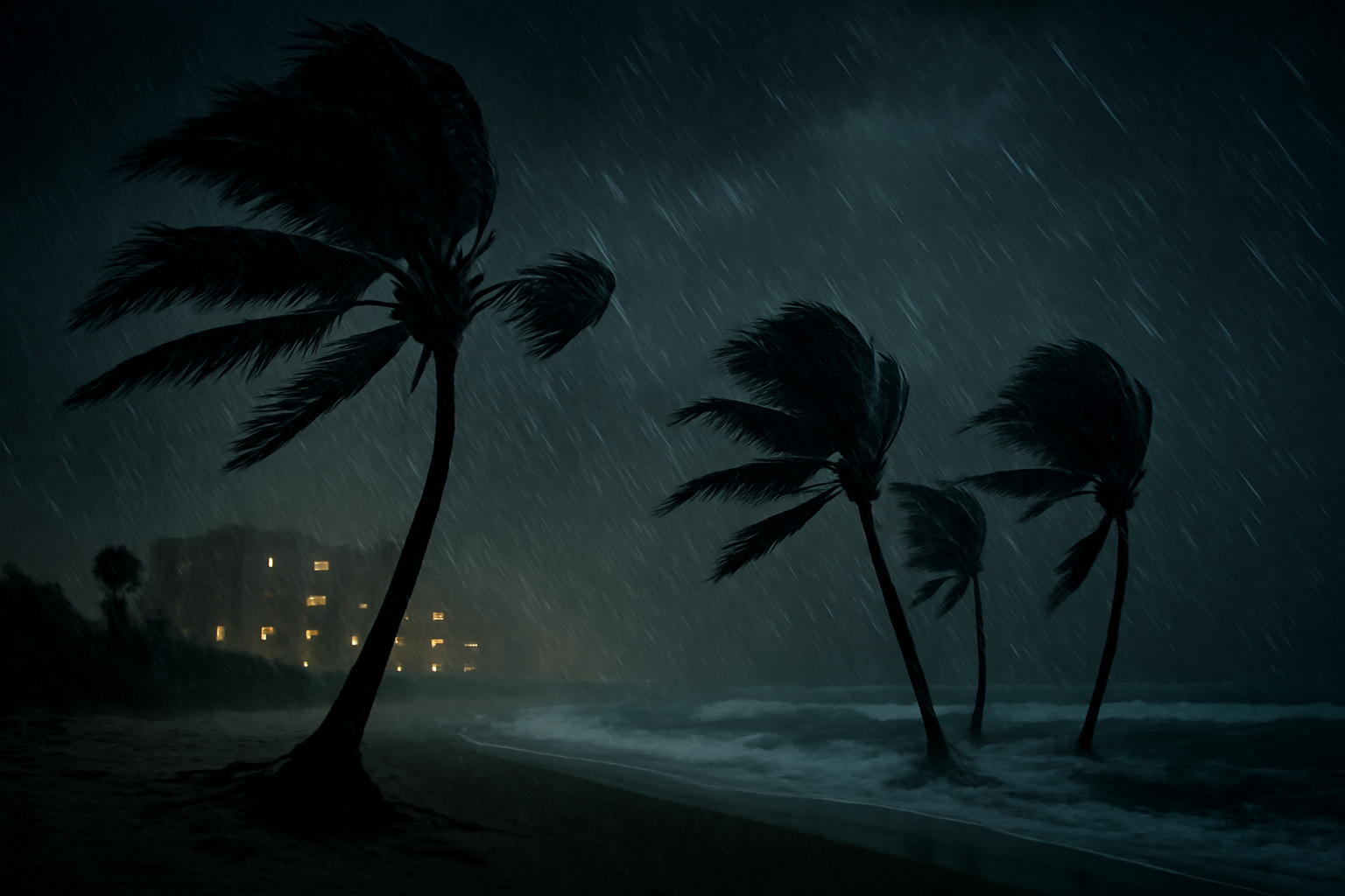 Palm trees bending in high wind along a Florida Gulf Coast beach during a hurricane landfall at night
