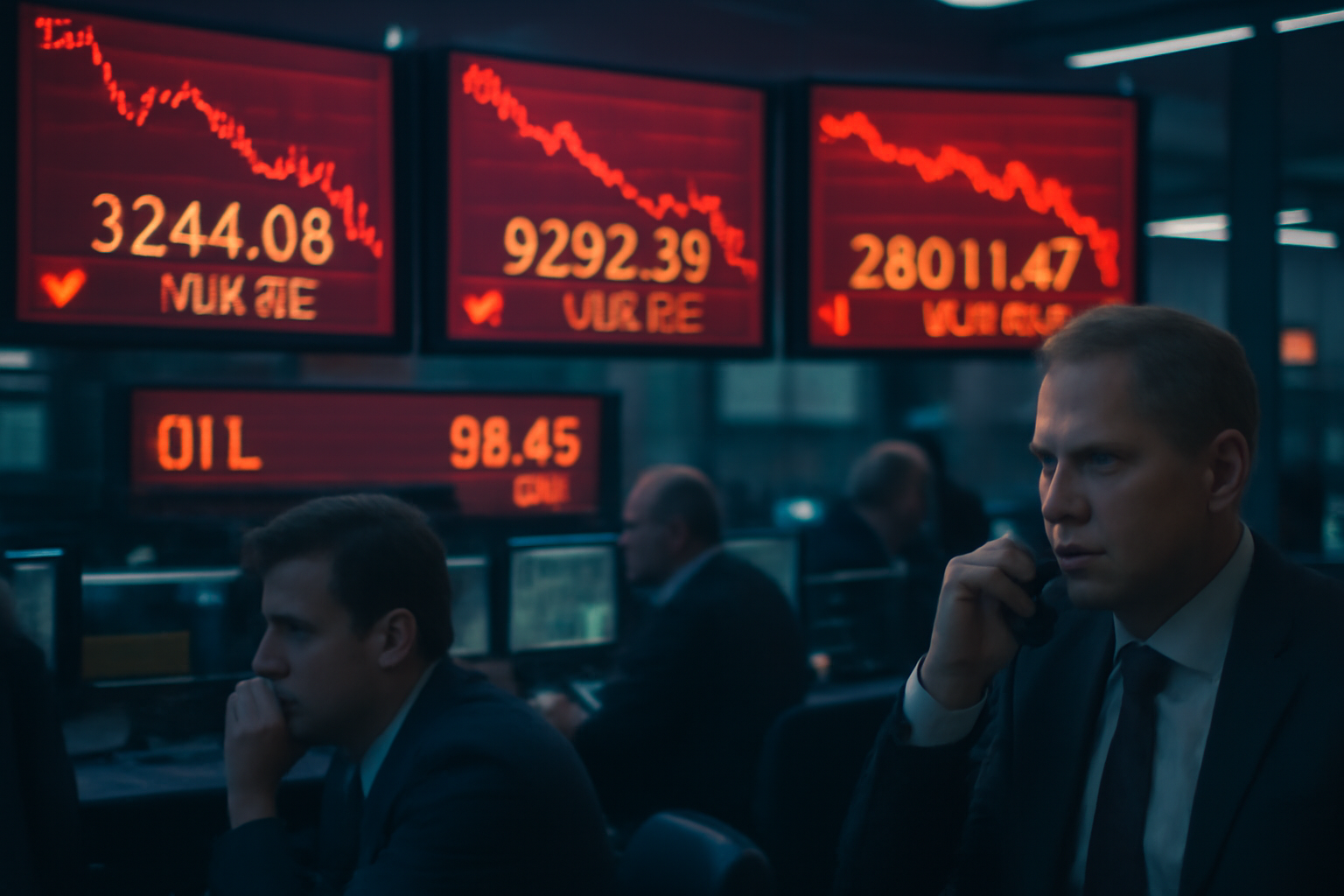 A trading floor display board showing falling stock index numbers in red beside an oil price ticker