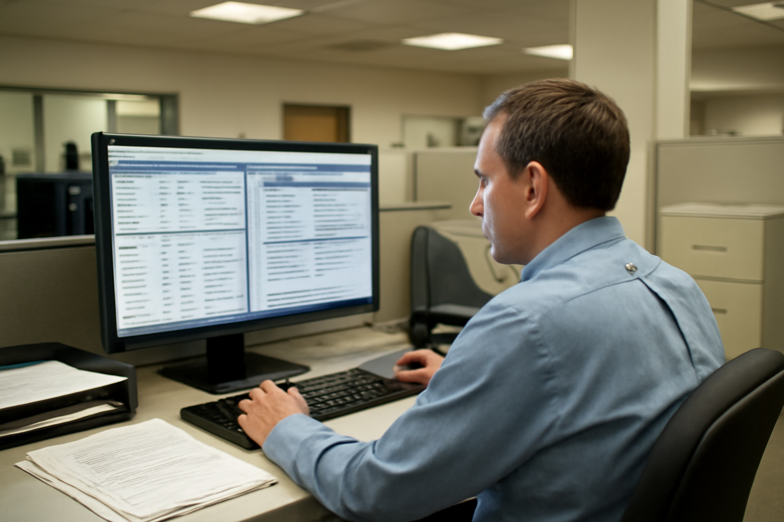 Hospital billing administrator reviewing insurance claims on a computer screen showing coding software