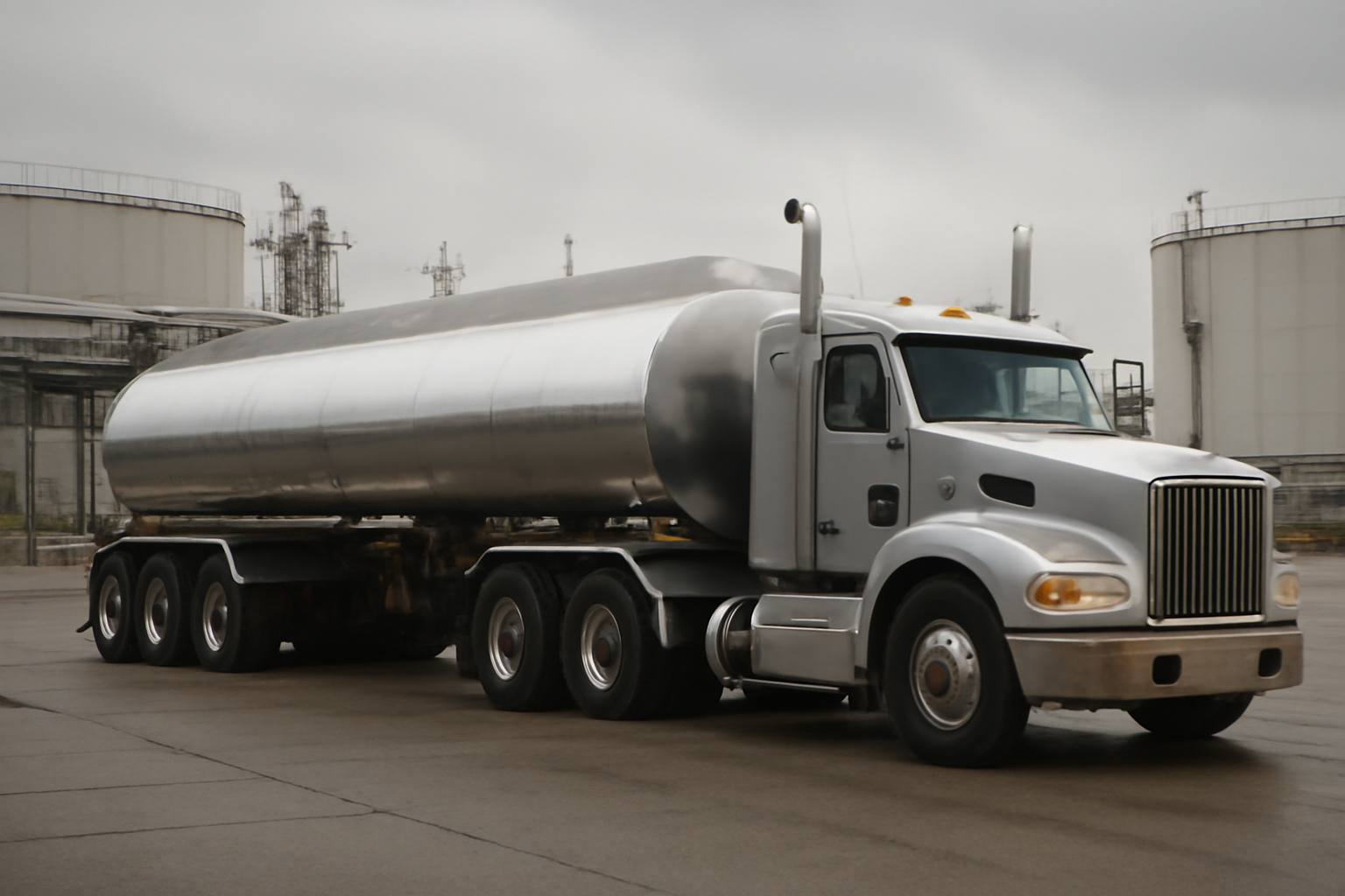 Diesel fuel tanker truck at a U.S. highway fuel terminal under cloudy skies