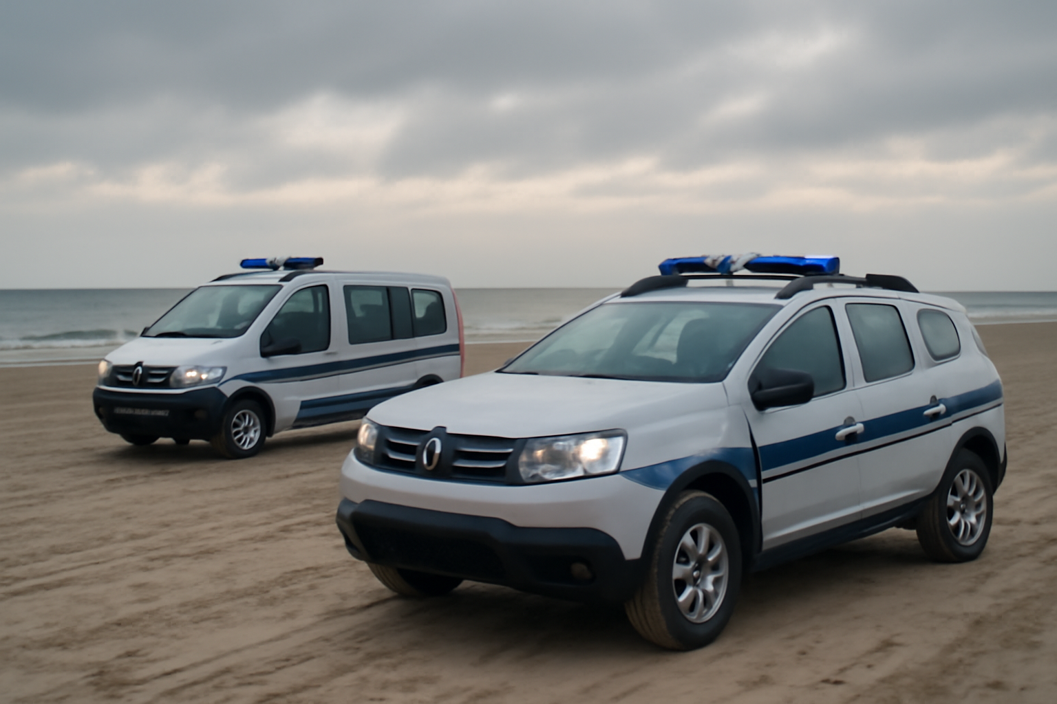 French police vehicle parked near a beach along the English Channel coastline at dawn