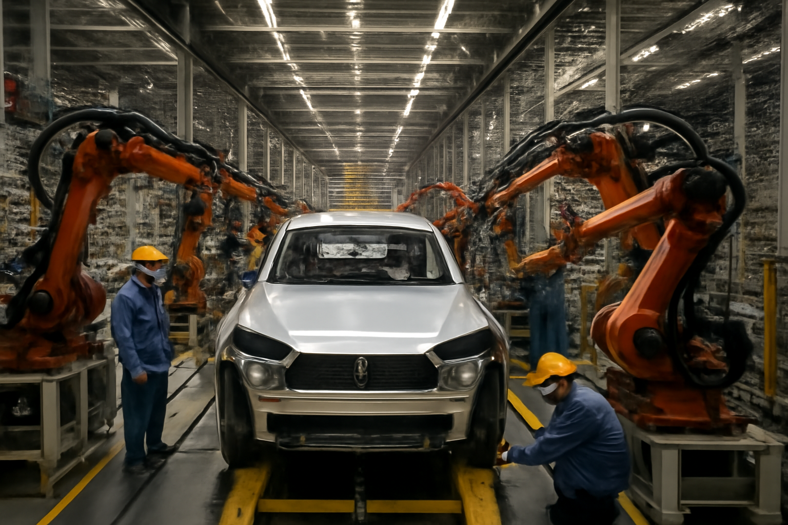 Rows of electric vehicles on an assembly line inside a Chinese manufacturing plant