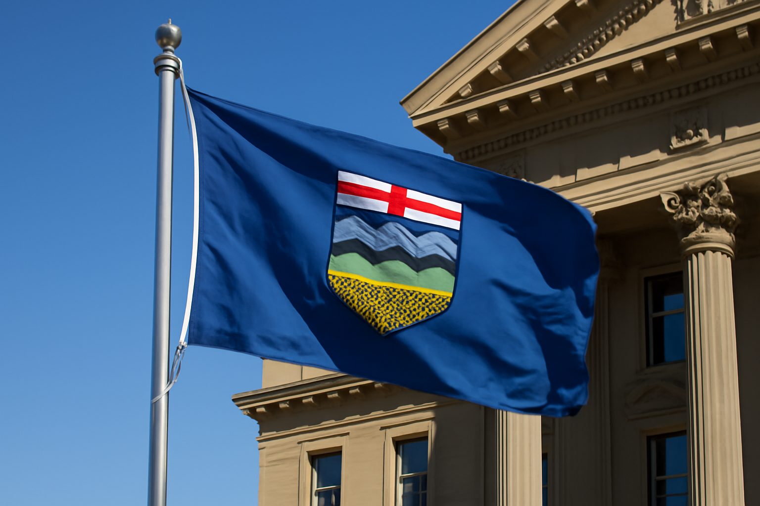 Alberta provincial flag flying outside a government building under a clear sky