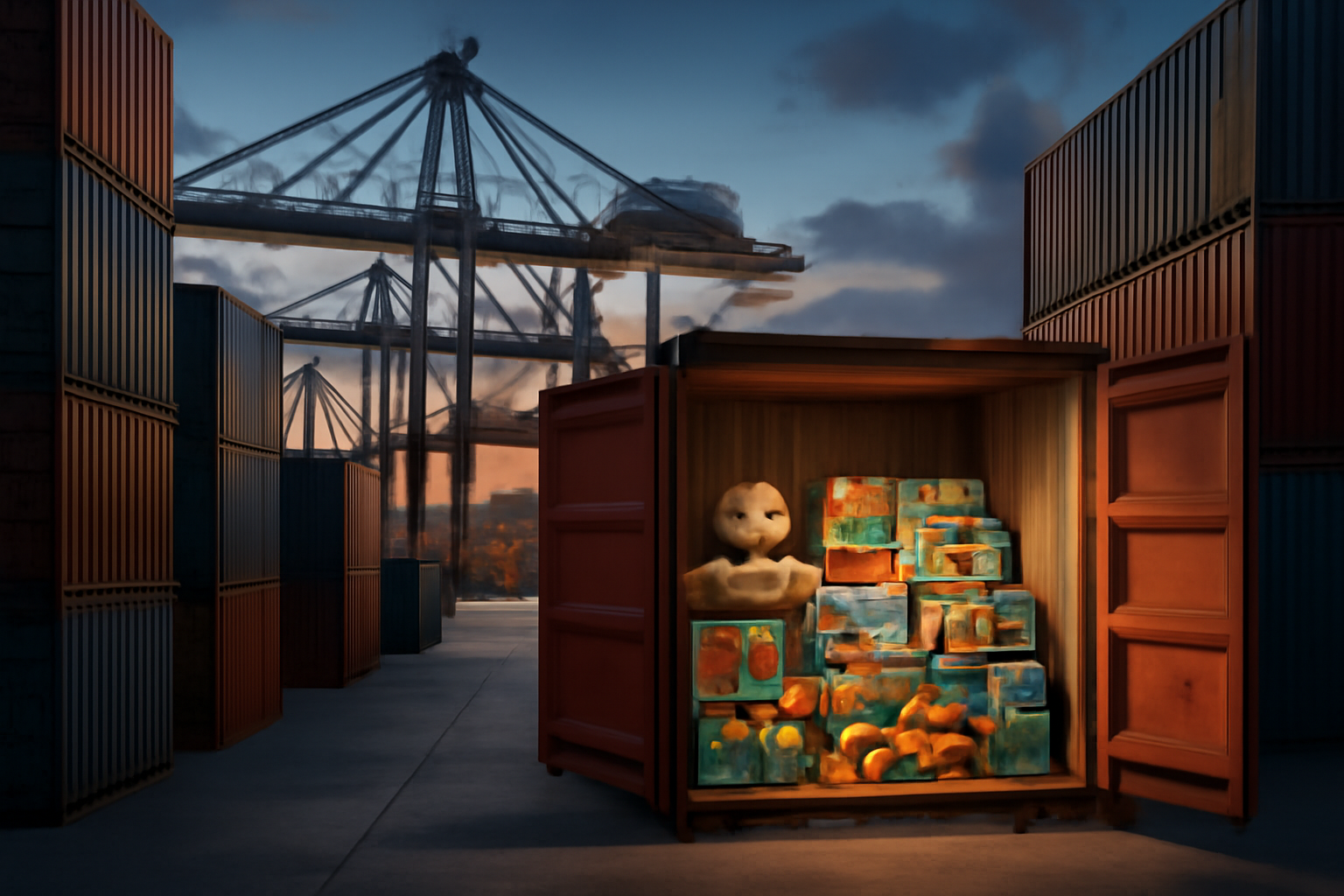 Shipping containers stacked at a port with toy boxes visible through open doors