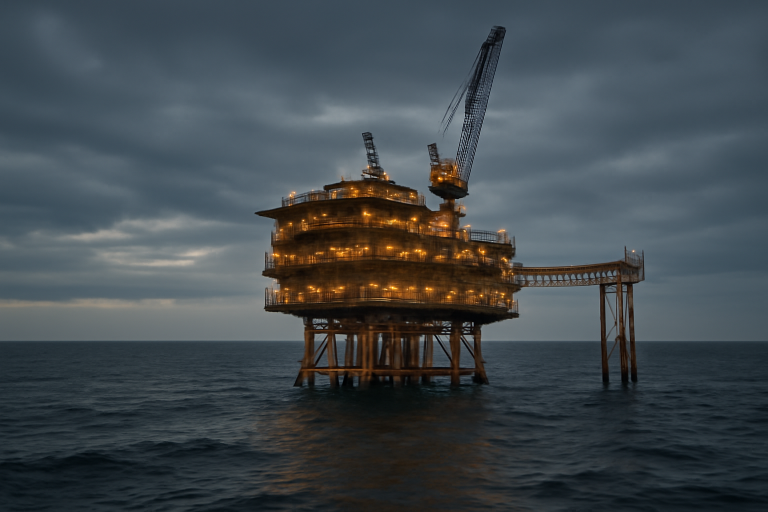 Offshore North Sea oil and gas platform under gray skies with a supply vessel nearby