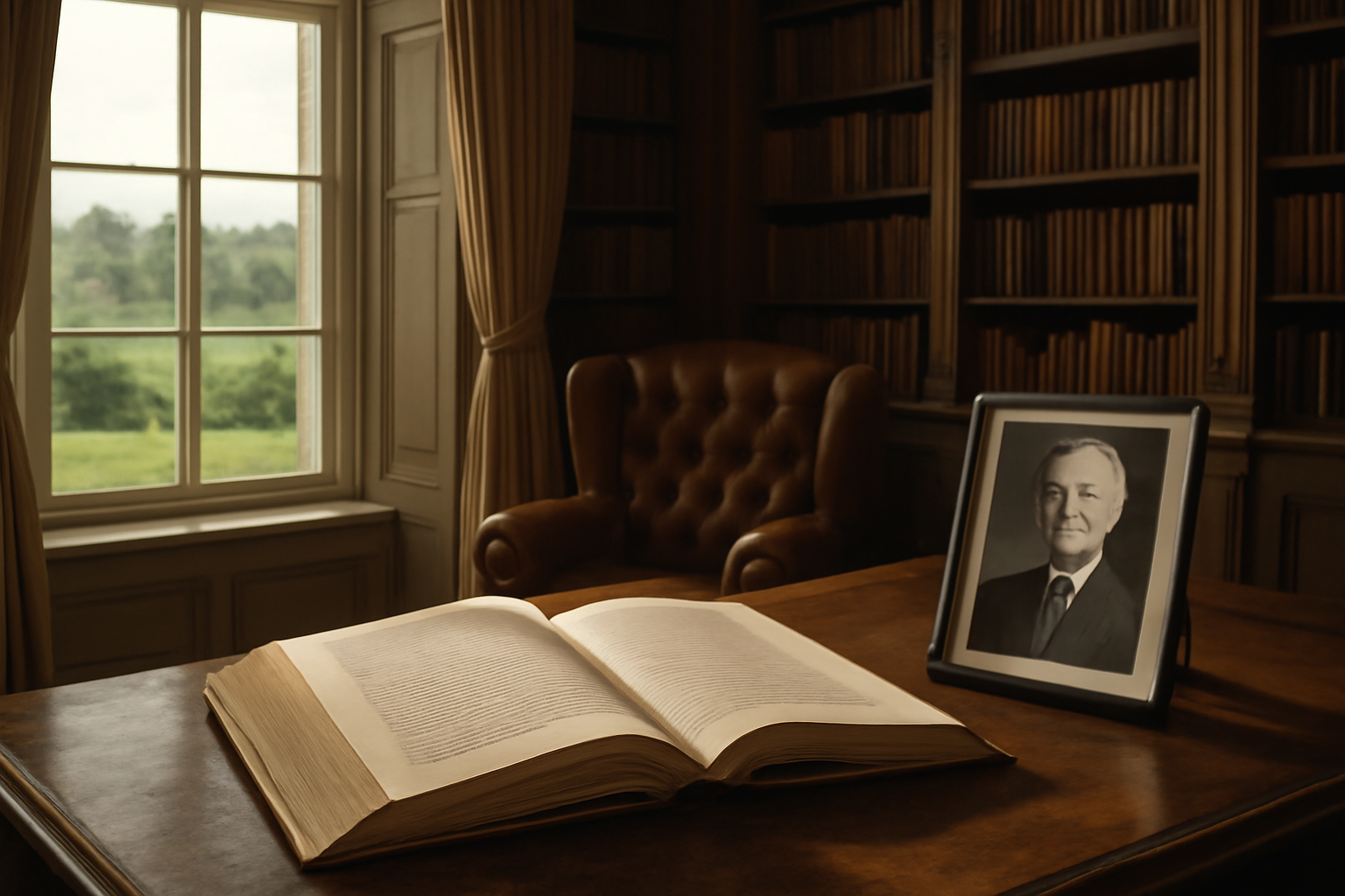 A framed portrait of Princess Diana displayed beside an open memoir at a British estate