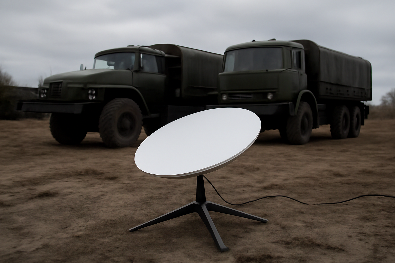A Starlink satellite dish positioned on open ground beside military transport vehicles under an overcast sky