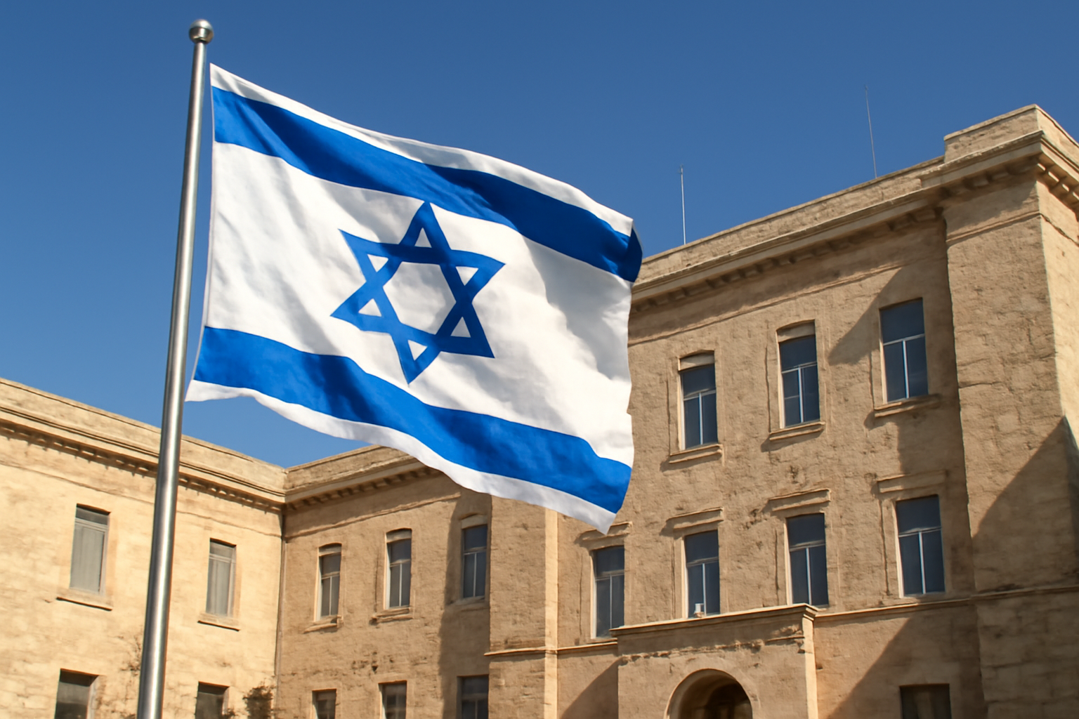 An Israeli flag flying outside a government building in Jerusalem under a clear sky