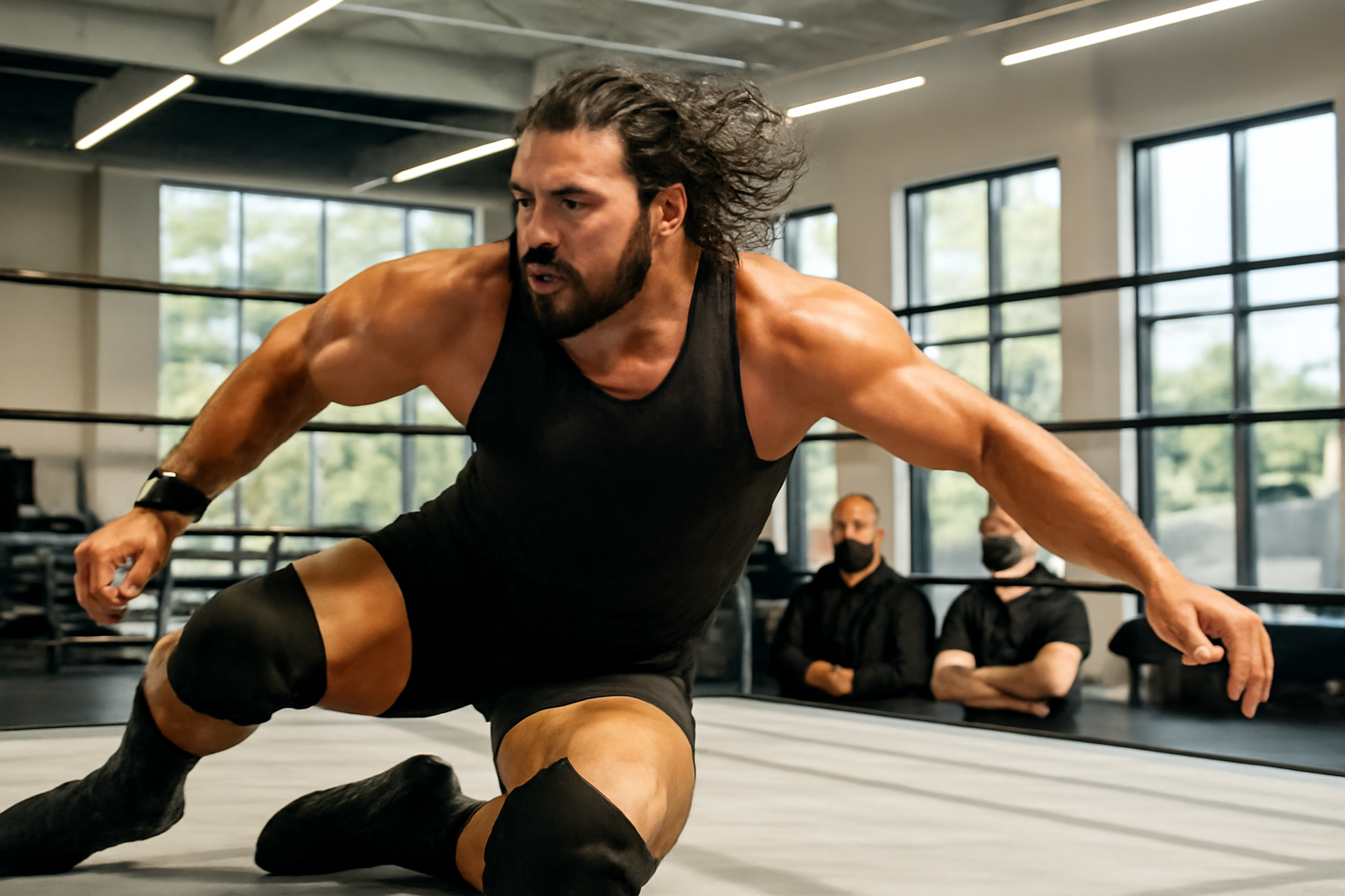 A WWE wrestler training inside a ring at the Performance Center under bright arena lighting