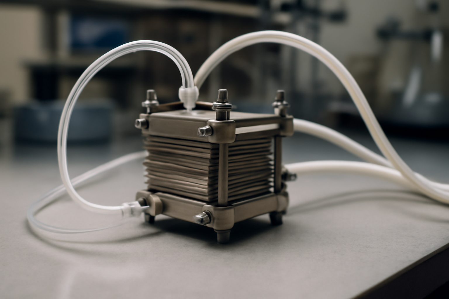 Stacked electrochemical cells with tubing used to capture carbon dioxide from air in a laboratory setting