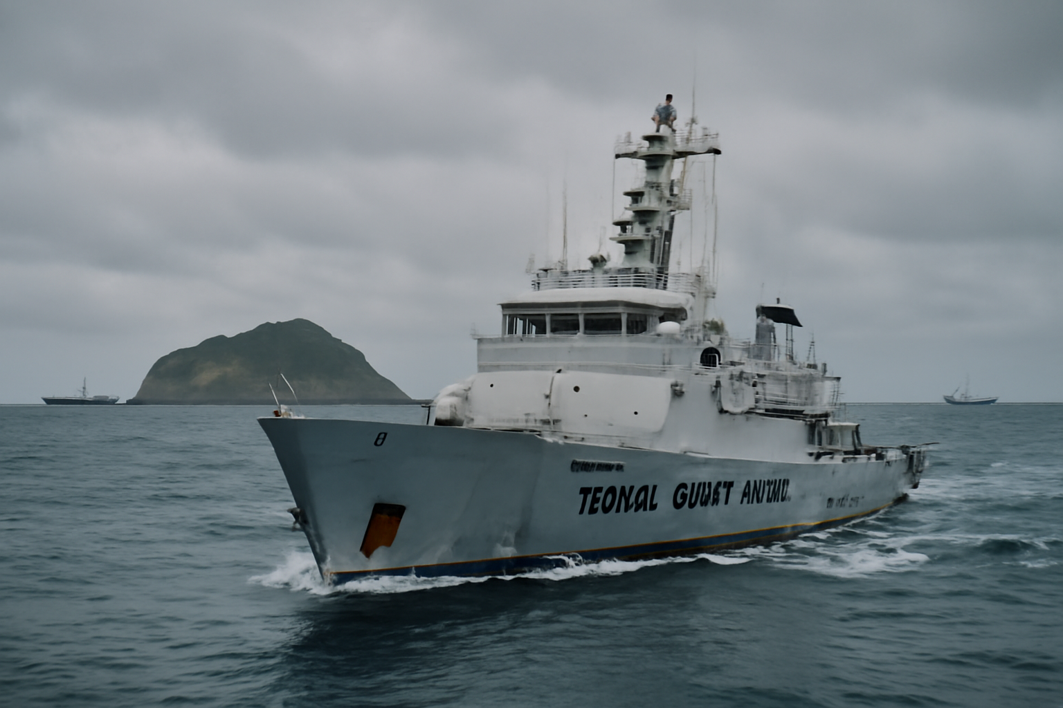 Taiwan coastguard vessel patrolling near Pratas Island with Chinese fishing boats in the distance