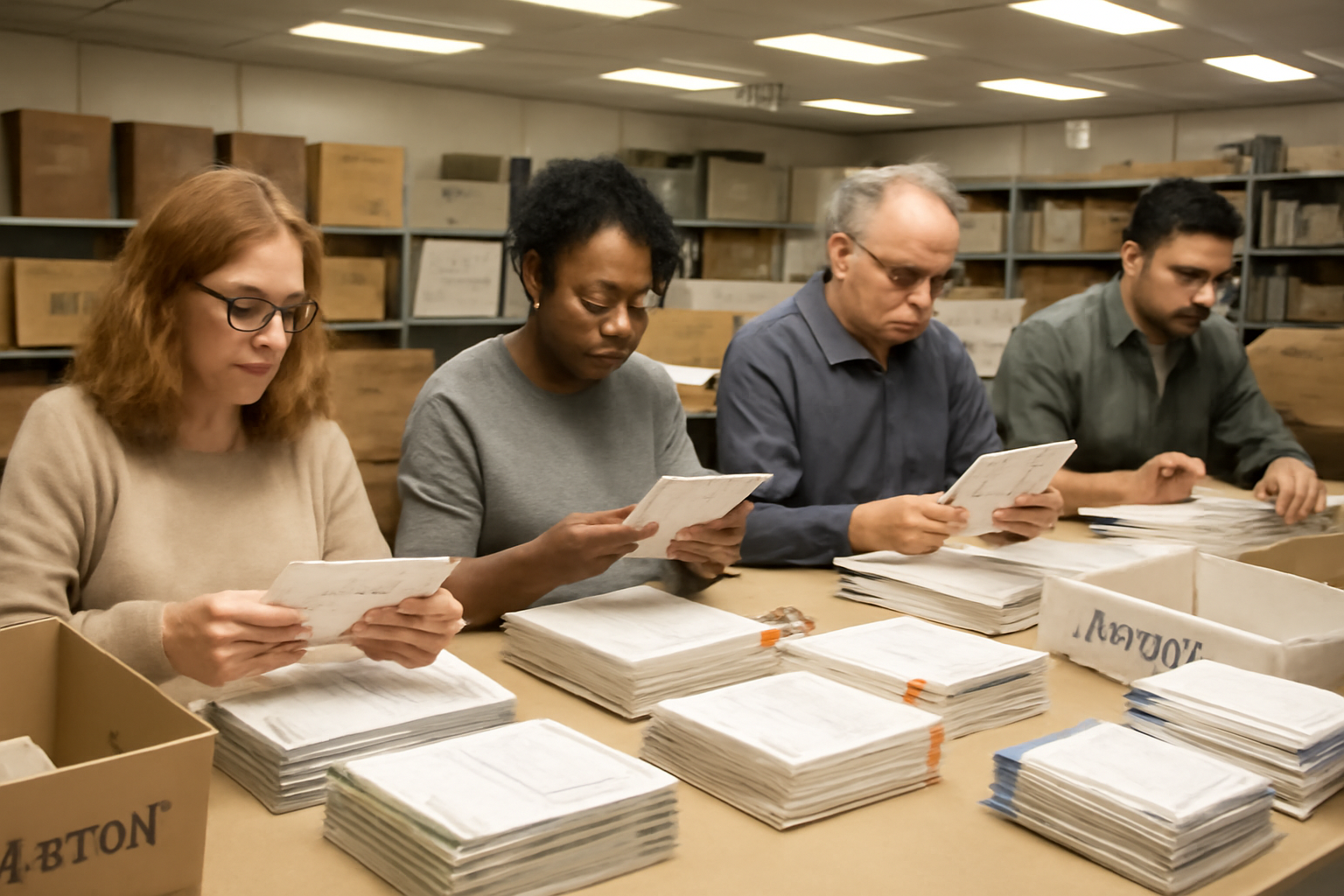 Election workers in protective gloves sorting stacks of mail-in ballots at a processing center