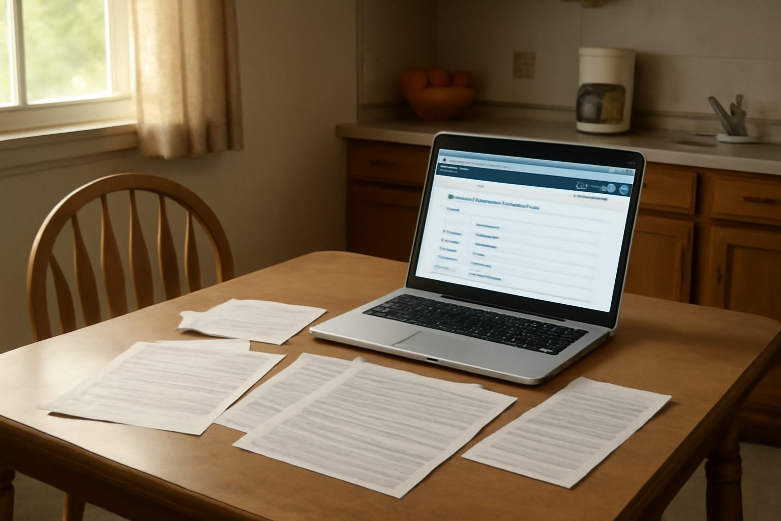 A kitchen table with Medicaid renewal paperwork and an opened letter beside a laptop