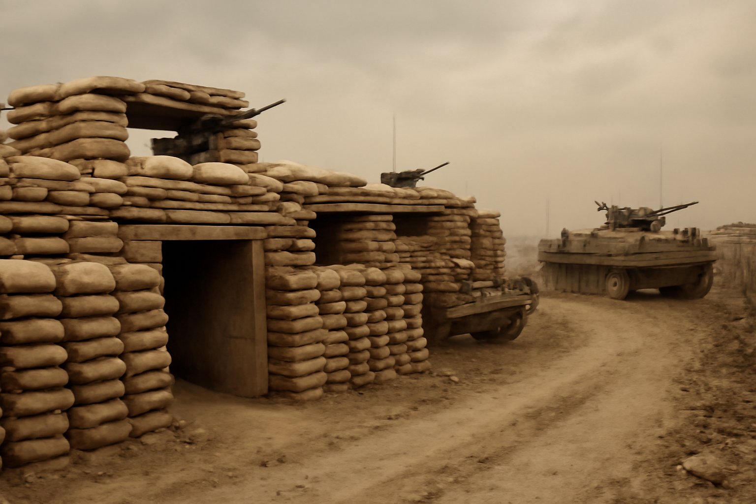 Fortified military bunkers and vehicles positioned along a dirt perimeter line inside Gaza.
