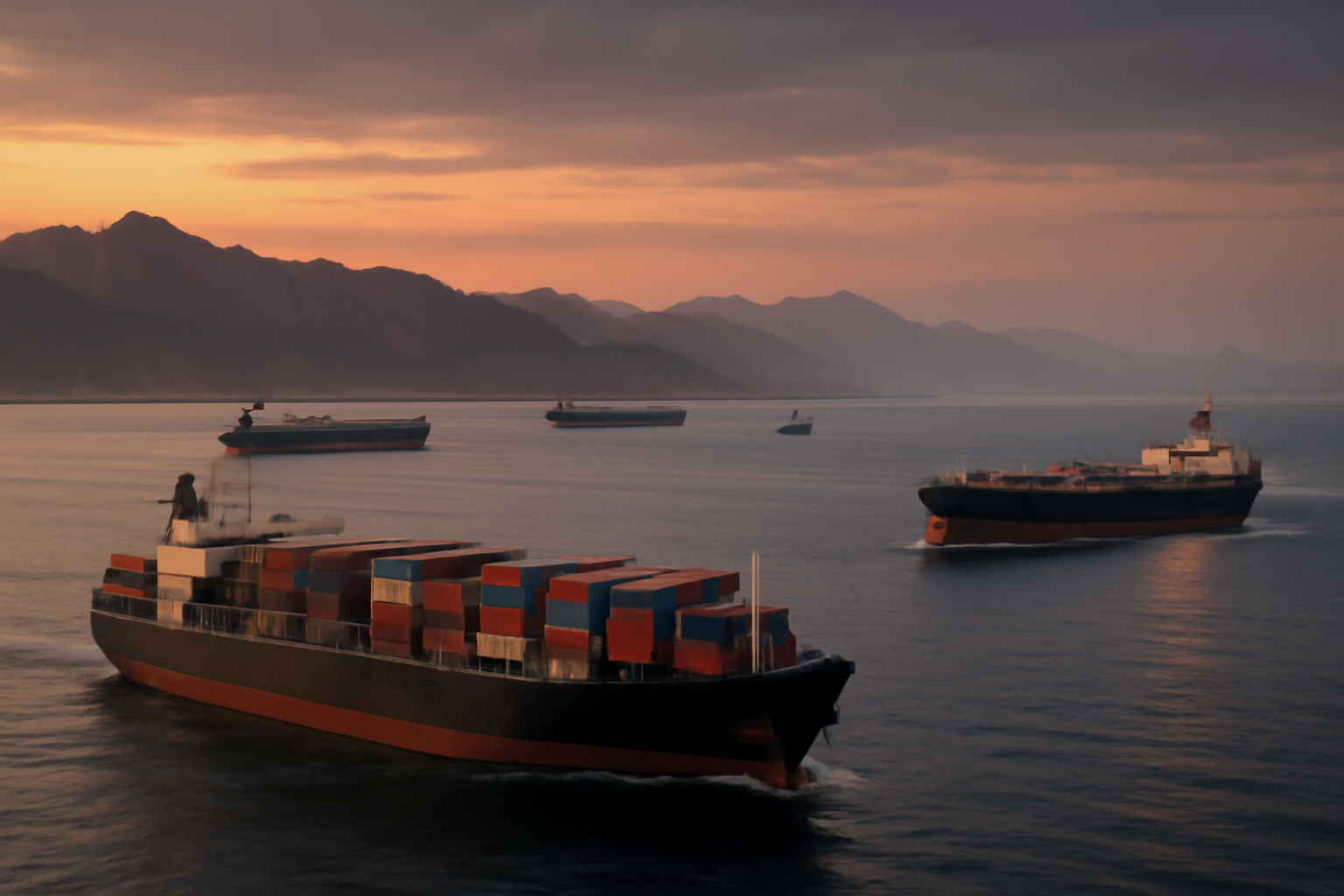 Cargo ships transiting the Red Sea shipping lane near the Yemeni coastline