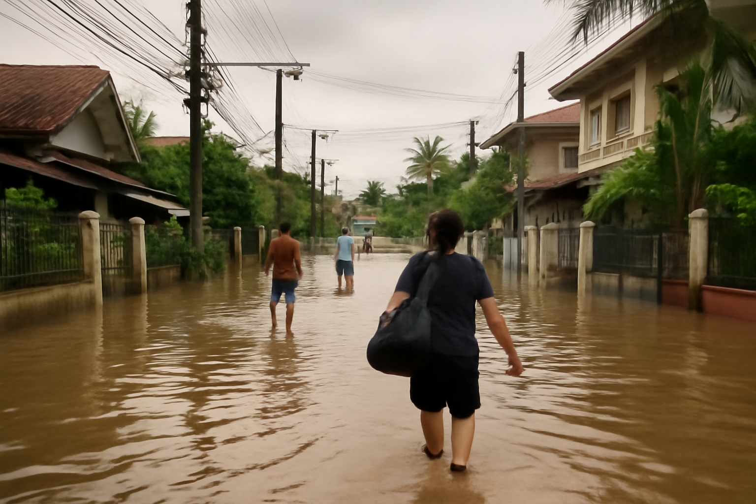 Floodwater surrounding homes and roads in a Thai community after heavy monsoon rain