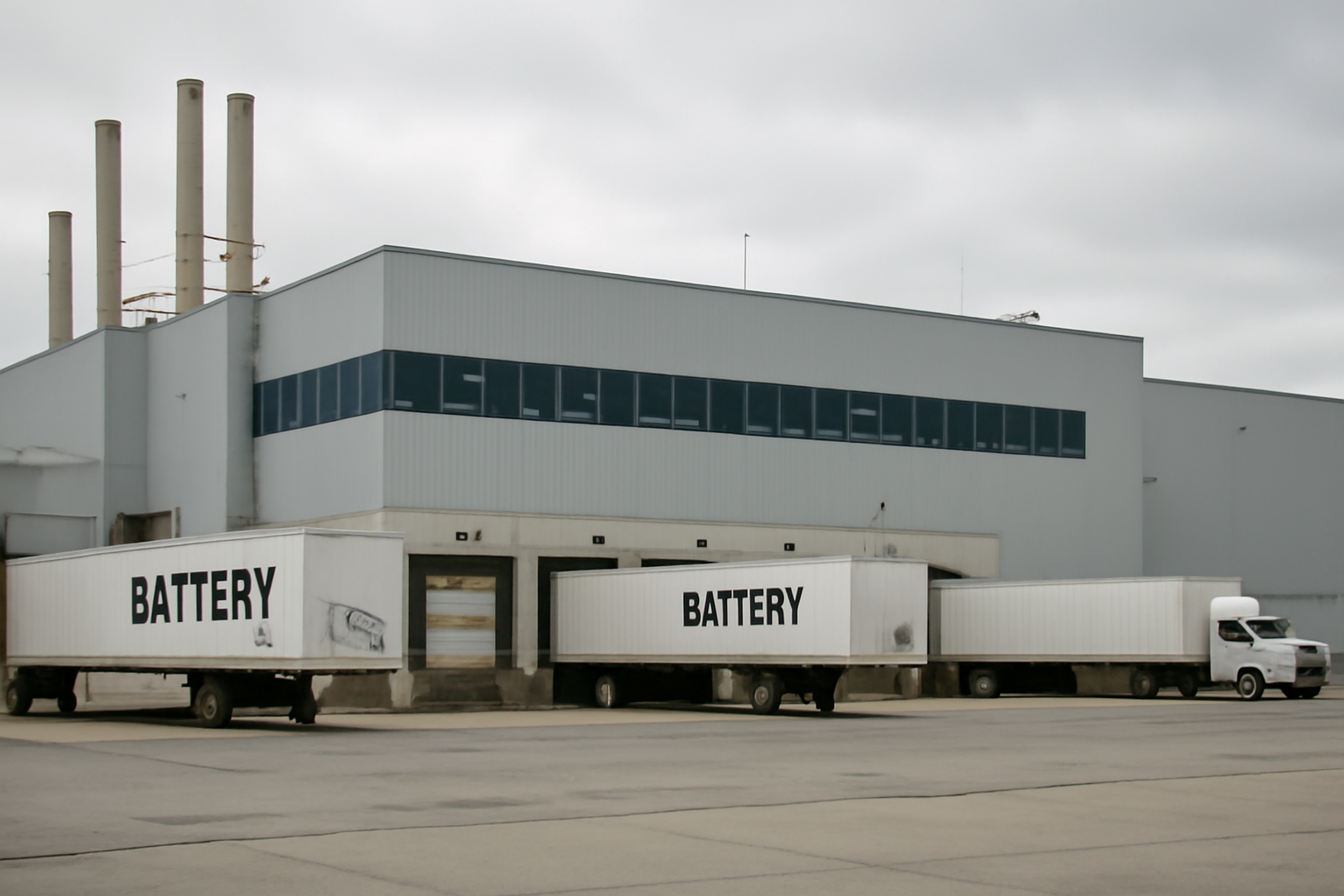 Exterior of an automotive battery assembly plant with loading docks near Detroit