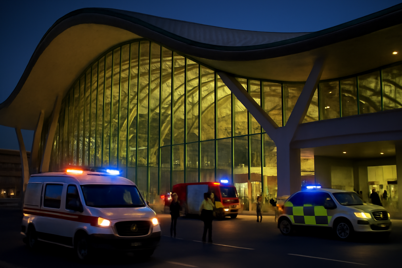 Exterior of a Gulf international airport terminal with emergency vehicles near the entrance