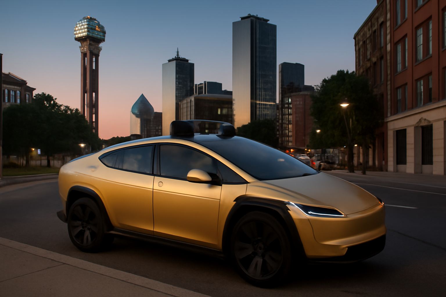 Gold Tesla Cybercab robotaxi parked on a city street at dusk