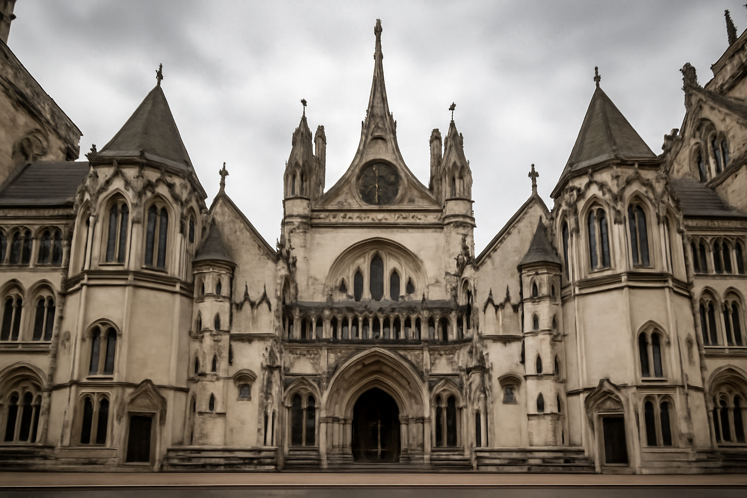 Exterior of the Royal Courts of Justice in London under an overcast sky
