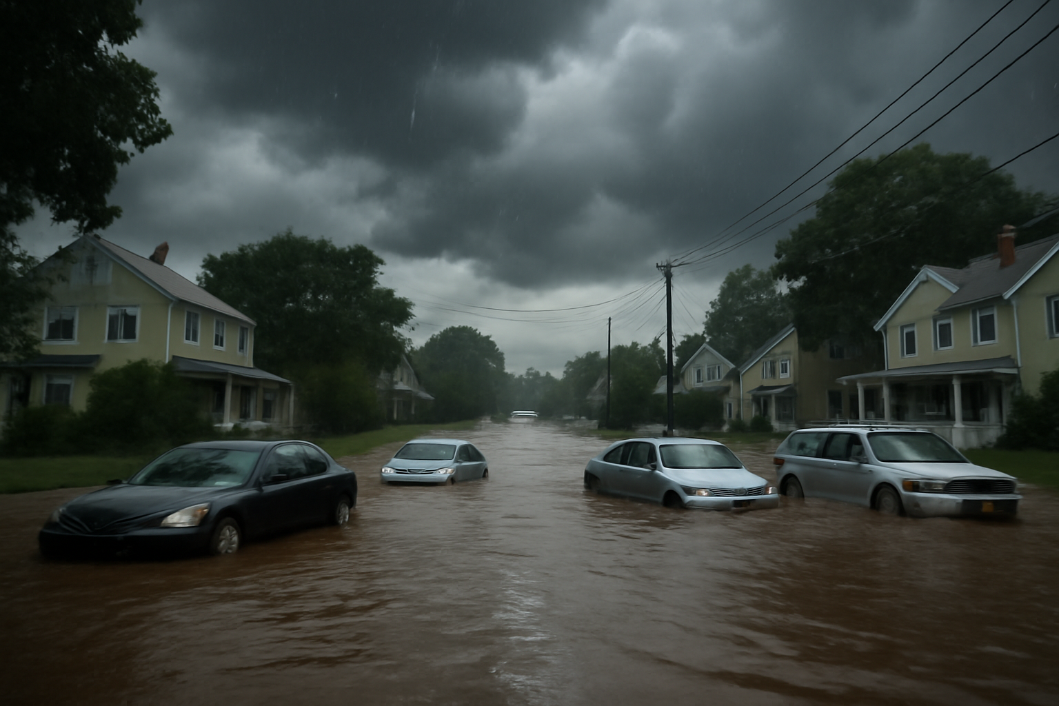 Flooded suburban street with cars partially submerged under gray storm clouds