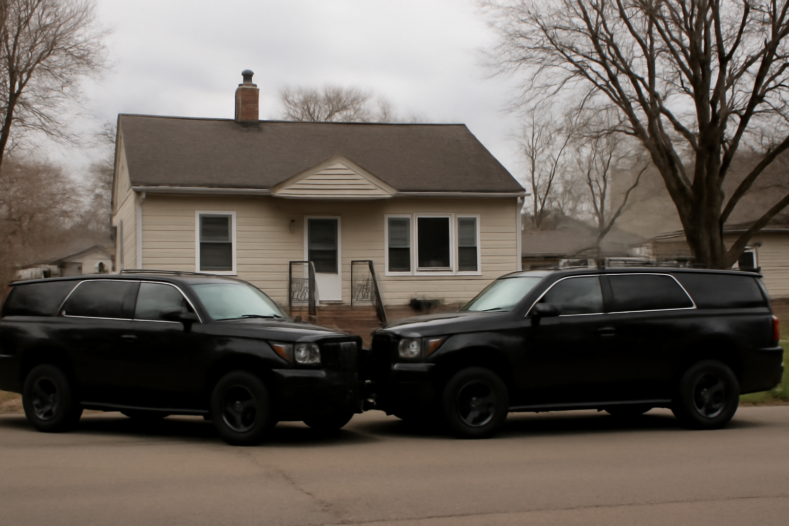Federal law enforcement vehicles parked outside a suburban Minneapolis home in daylight