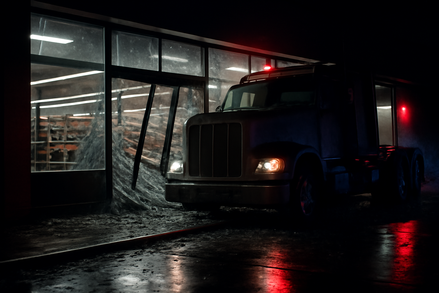 A semi-truck cab lodged inside the shattered glass entrance of a grocery store at night