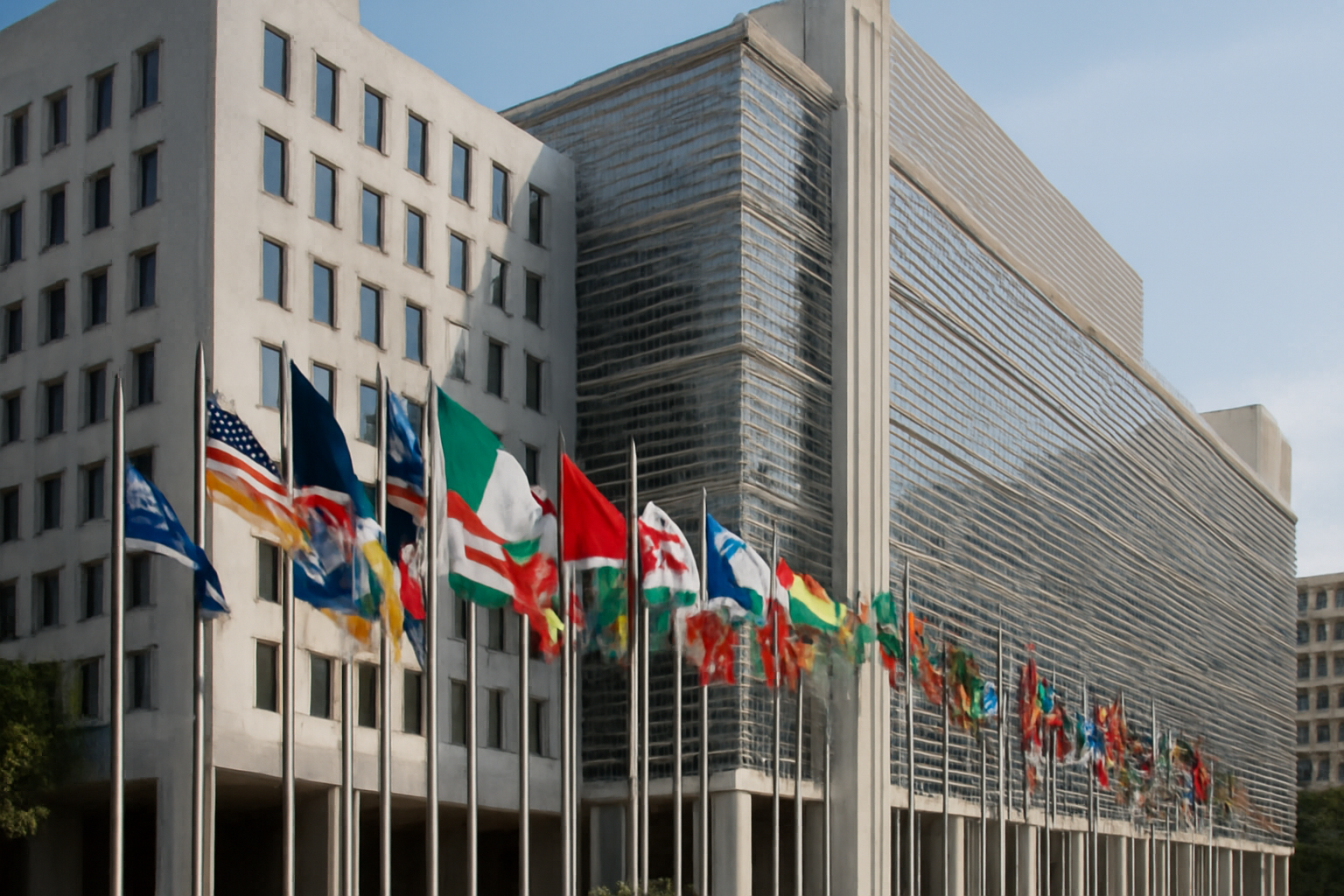 World Bank headquarters building exterior with flags in front entrance