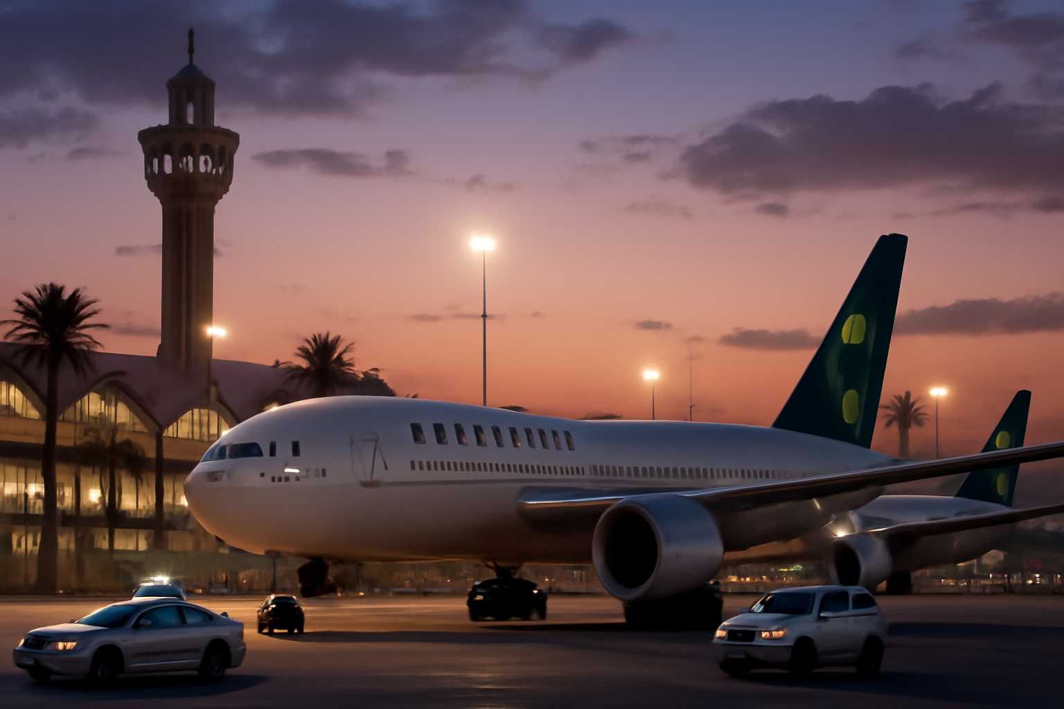 Commercial jets parked at a Saudi Arabian airport terminal at dusk with security vehicles nearby