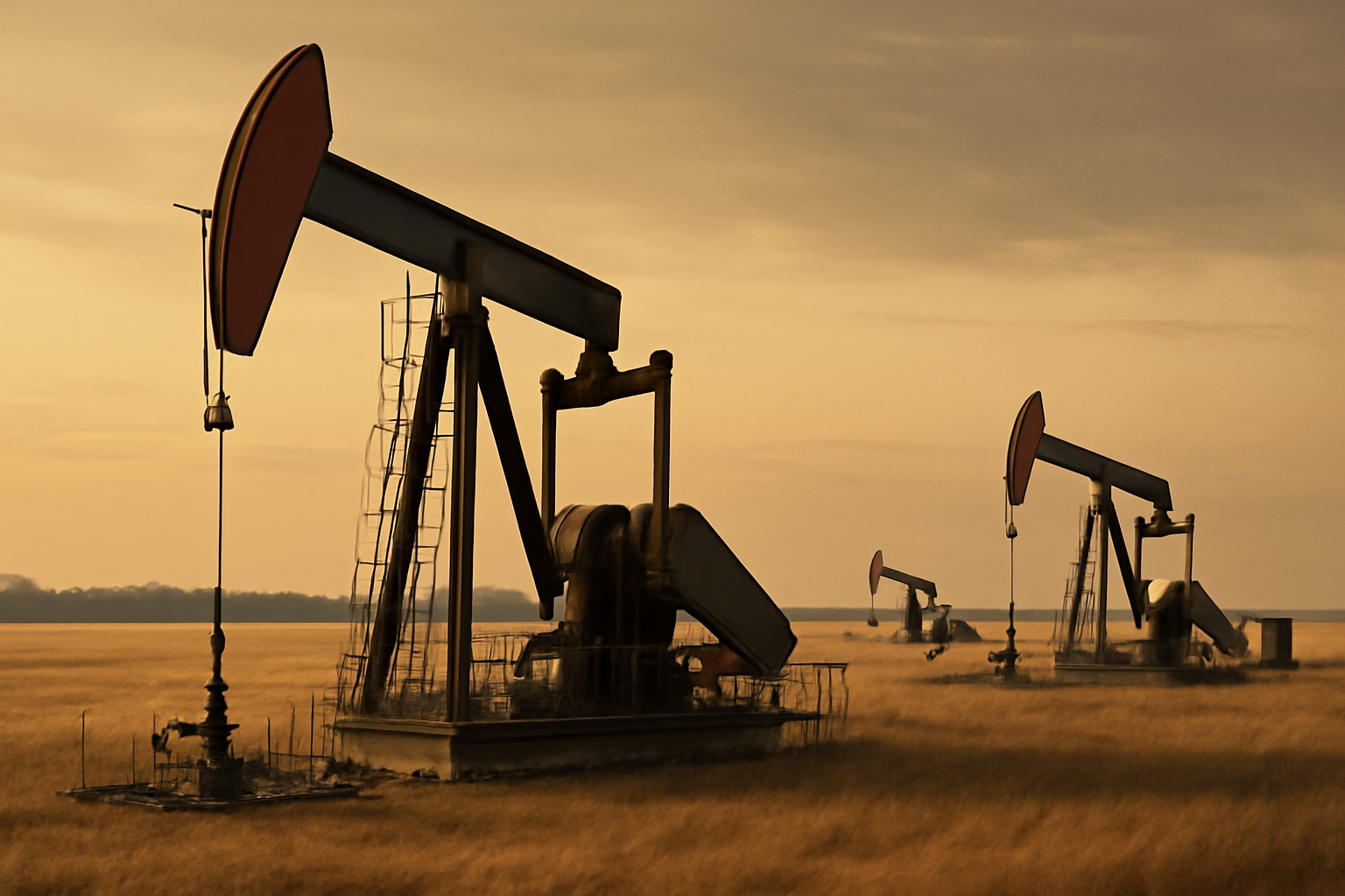 Oil pumpjacks operating under a prairie sky in western Canada