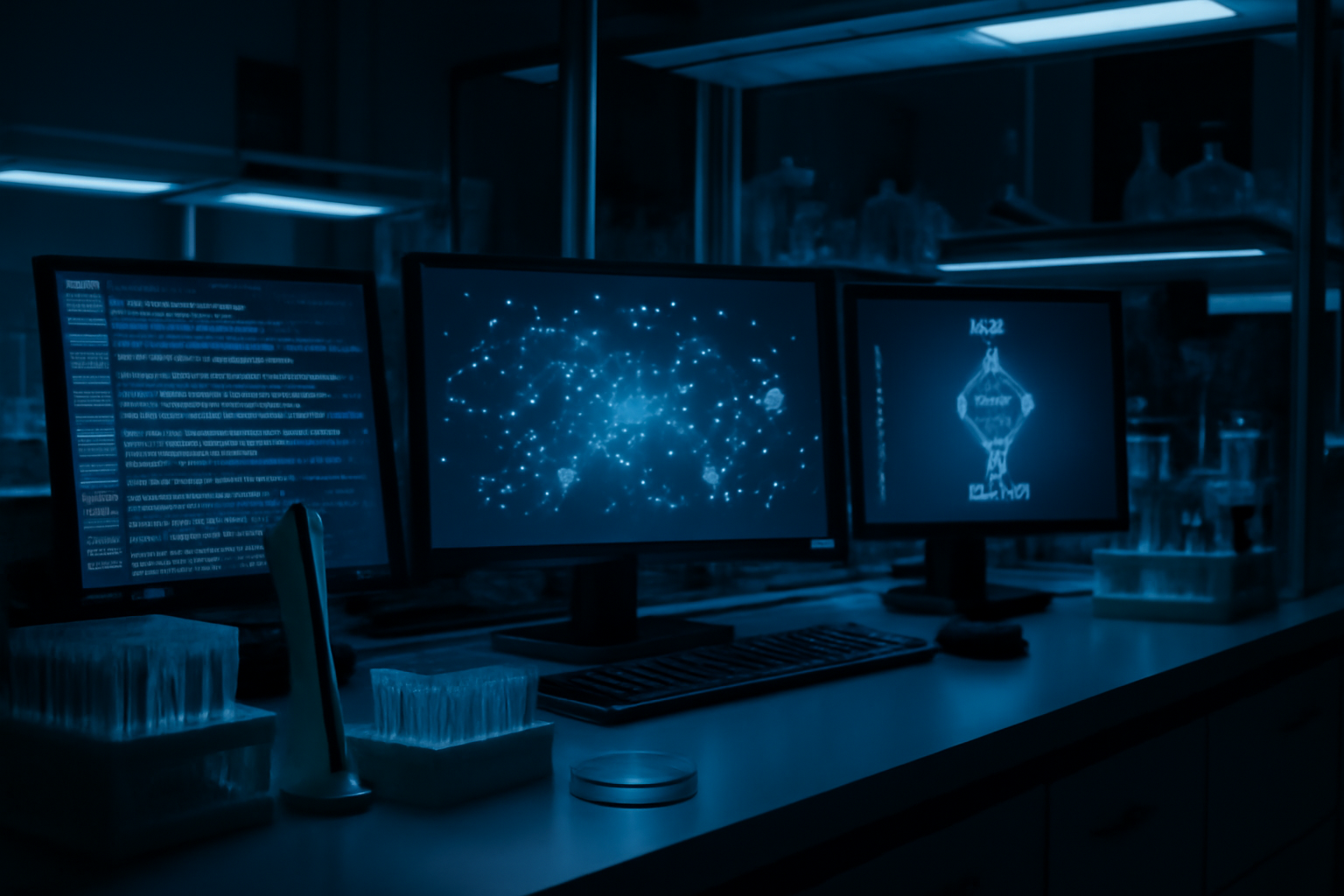 Rows of laboratory DNA sequencing screens glowing in a dim biotech lab